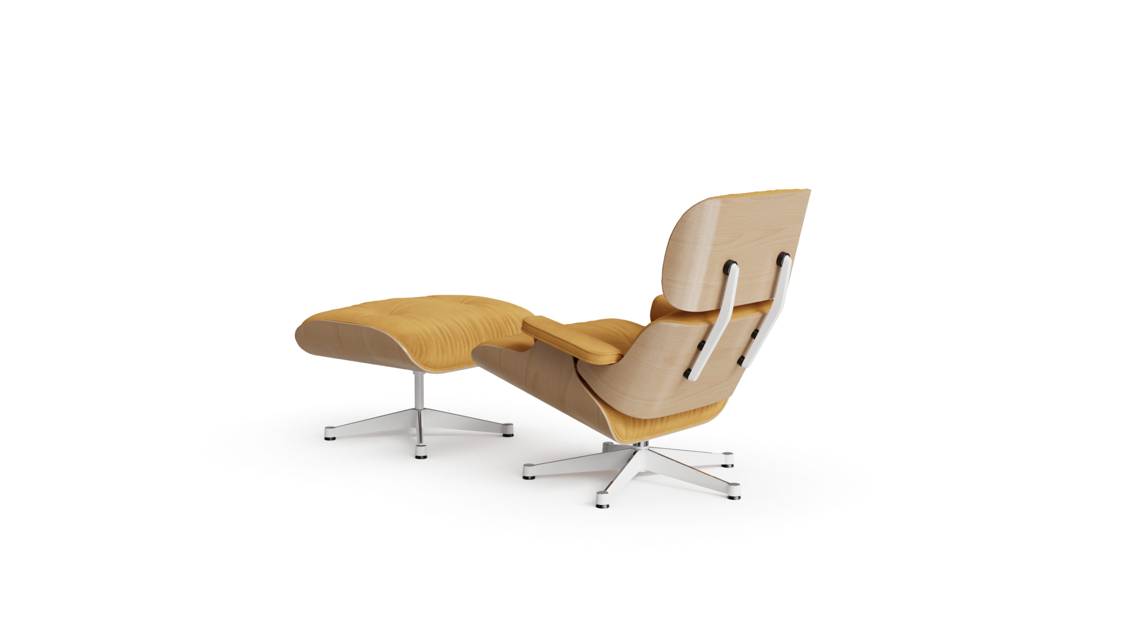 Eames Lounge Chair and Ottoman in the USA and Canada Camel Nubuck White Ash Wood Vitra-Style Base - Back Angle