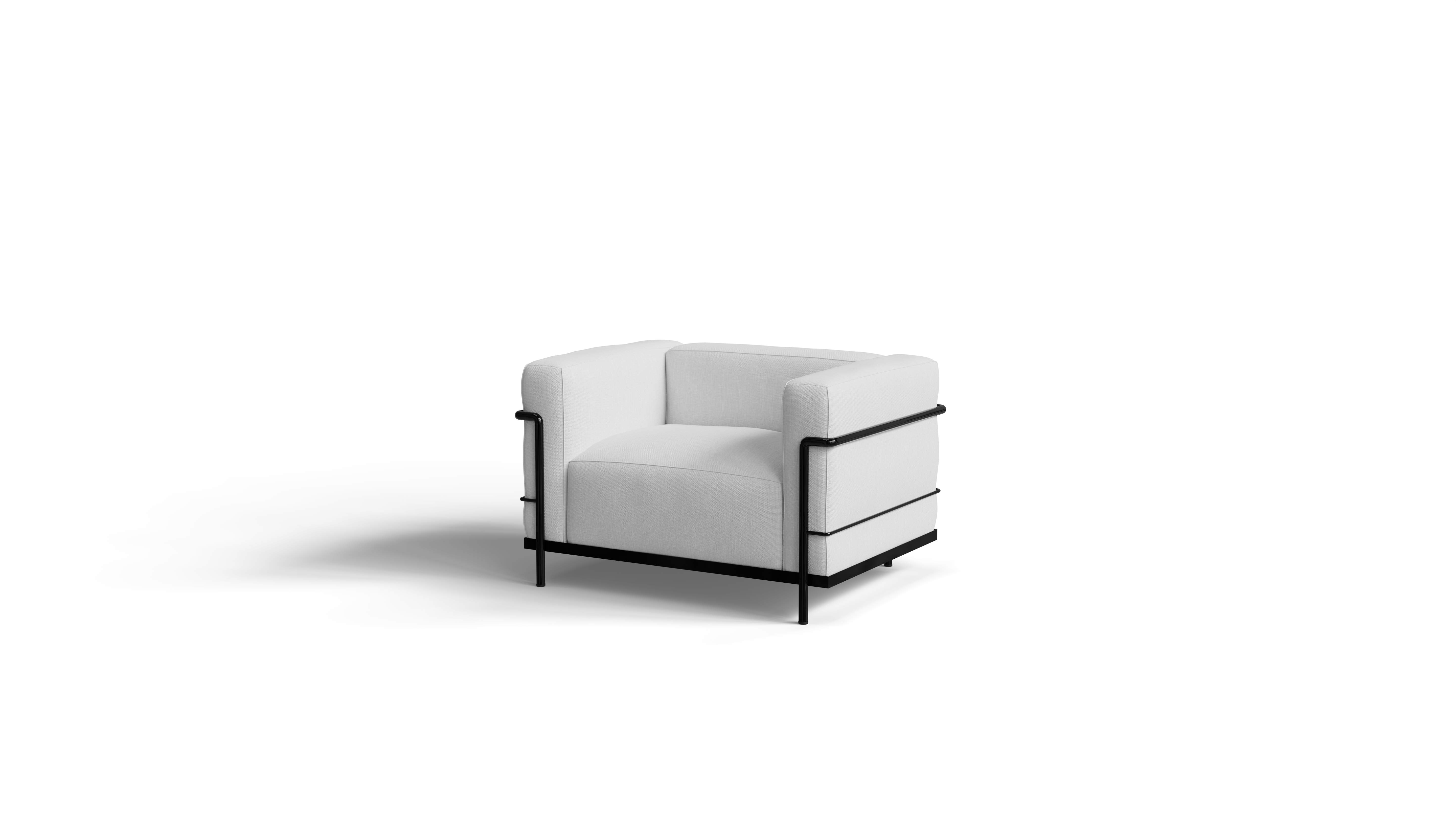 White Le Corbusier LC3 armchair with black frame on a white background, front-angle view