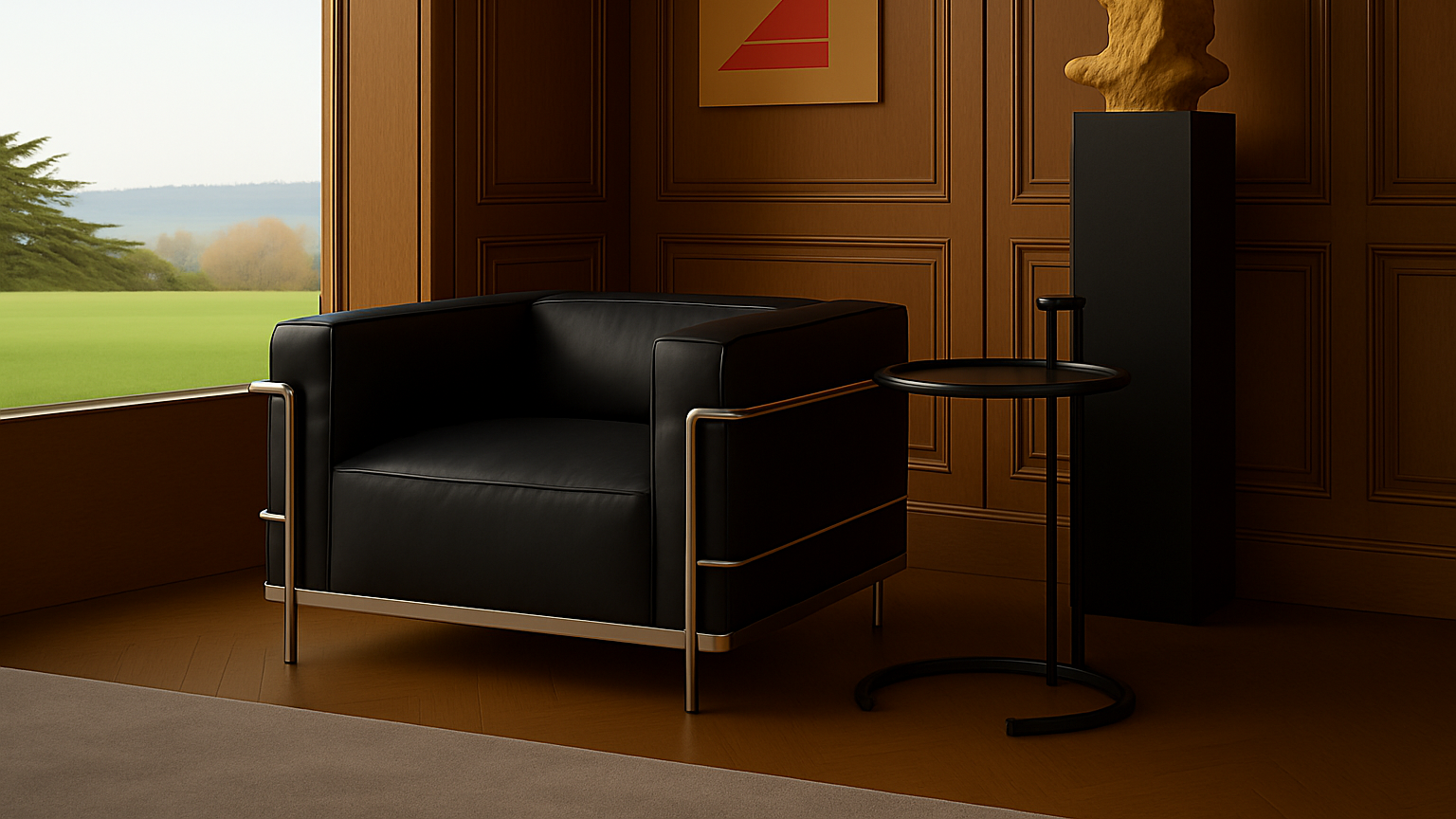 Brown Le Corbusier LC3 armchair in a room with wooden walls and a view of a landscape.