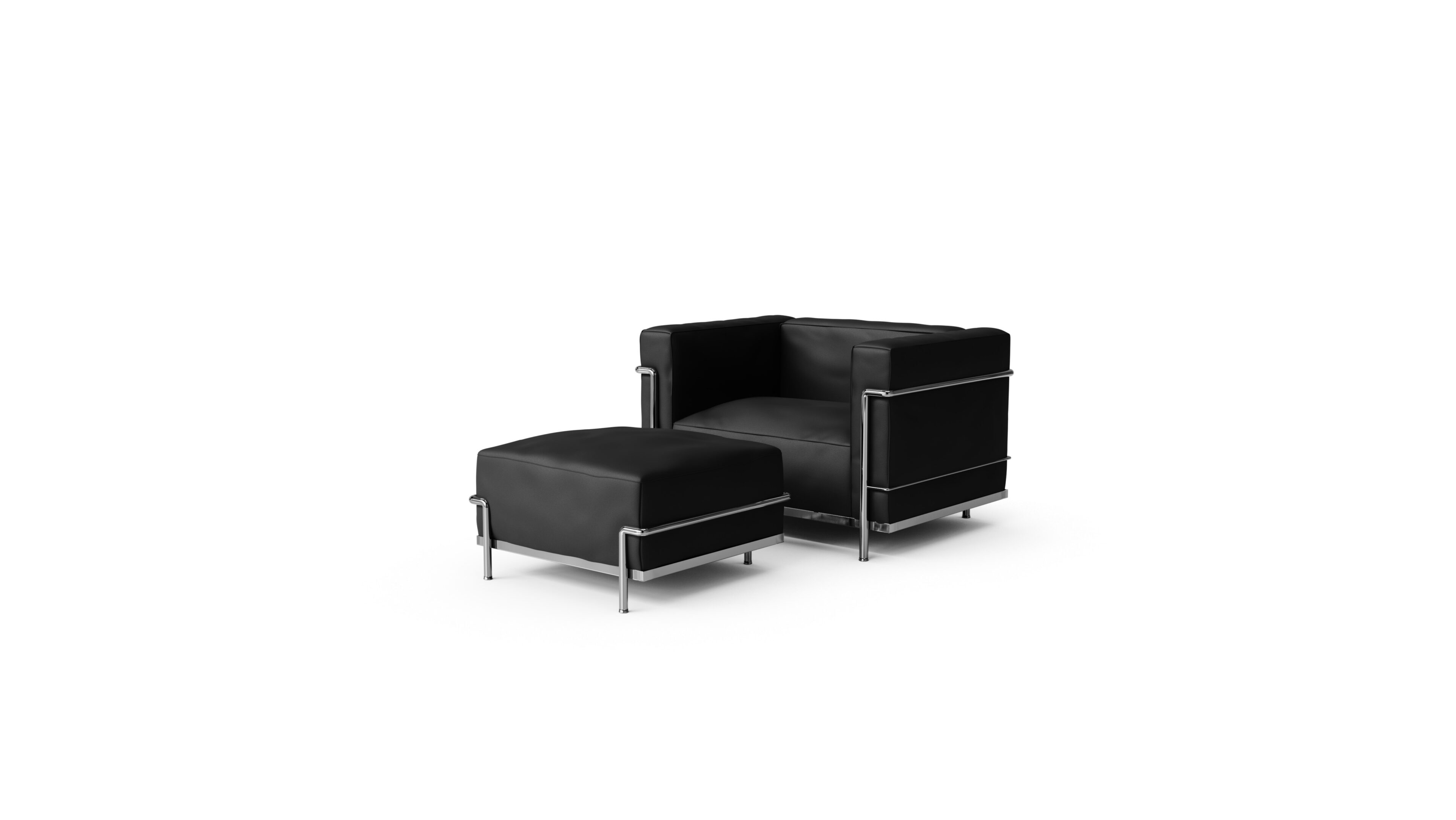 Le Corbusier LC3 Chair and Ottoman with Down Feather Cushions in the USA in Canada. LC3 Fauteuil Grand Confort, Grand Modèle Down Feather - Front Angle 2