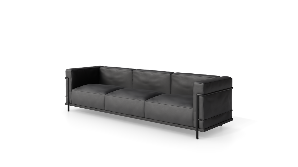 Le Corbusier LC3 Sofa Down Feather in Canada and the USA LC3 Confort Grand Modèle Sofa Three-Seater in Black Leather - Front Angle