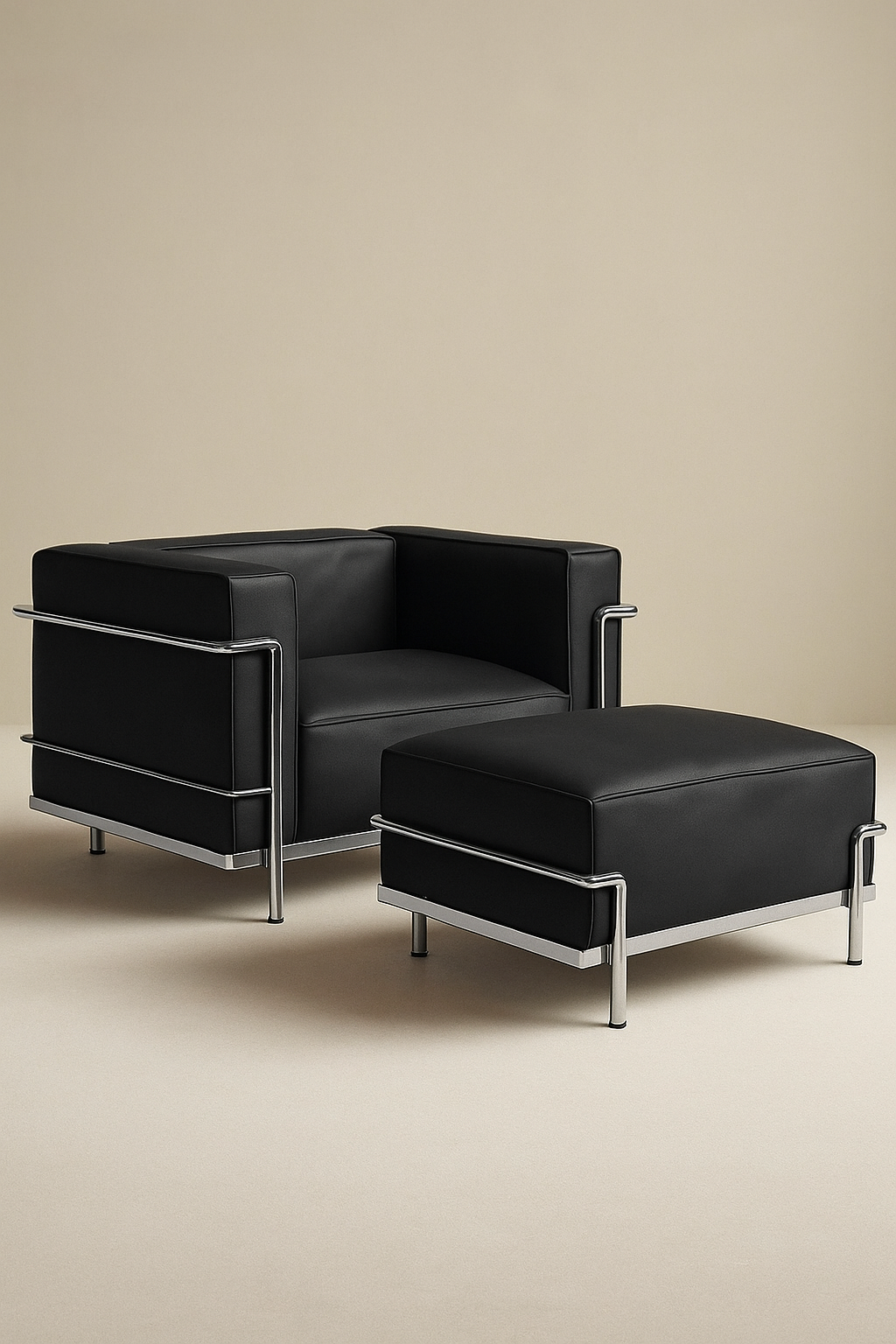 Black modern LC3 One-Seat Armchair with ottoman by Le Corbusier in a minimalistic room