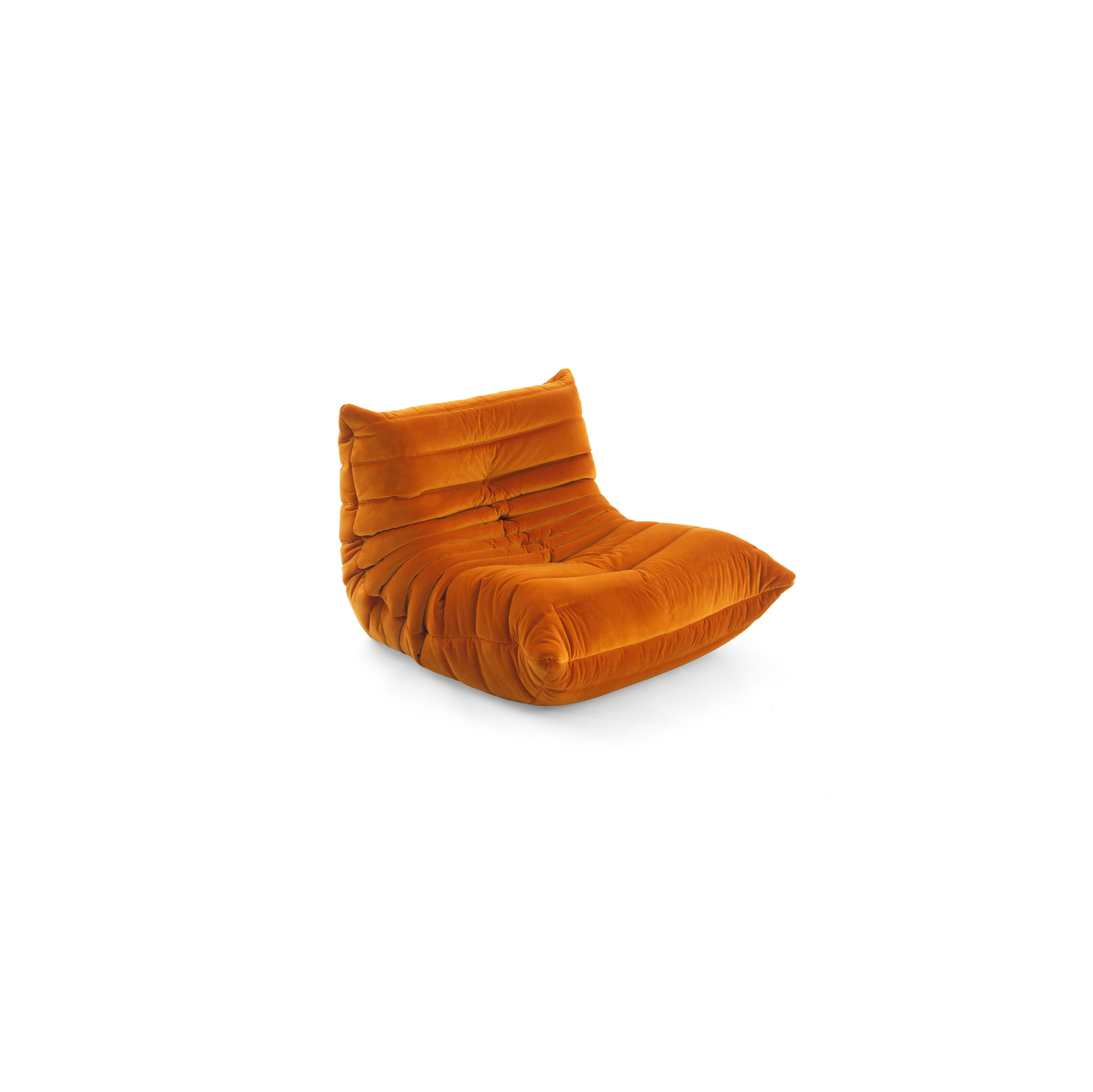Orange velvet Michel Ducaroy Togo Fireside Chair on a white background in the USA in Canada -material-swatch-lifestyle