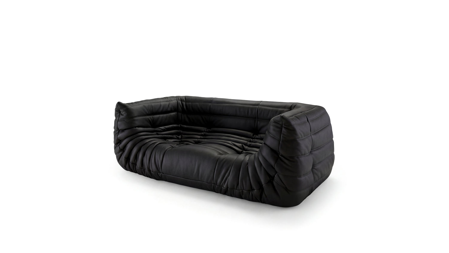 Black Leather Michel Ducaroy TOGO Medium Sofa on a white background - Front Angle, R-3234 in the USA in Canada repr.