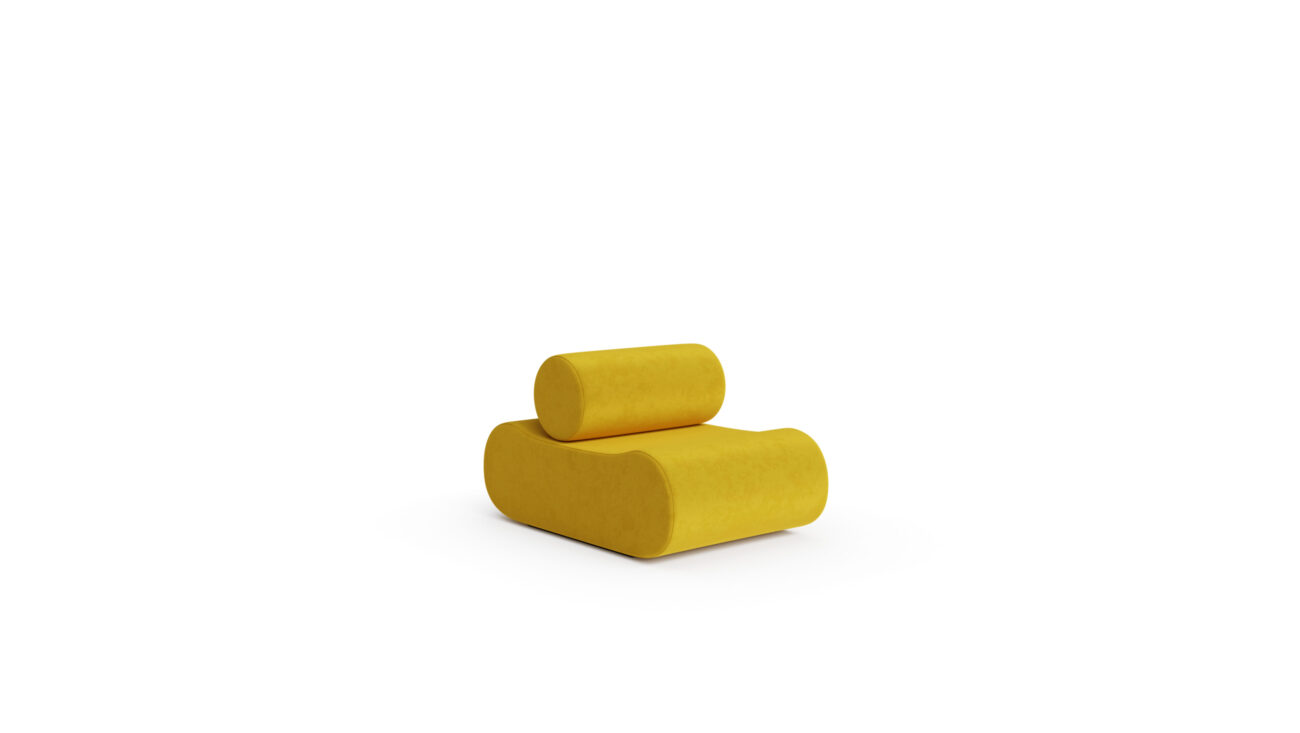 The Corbi Seating 1-Seater designed by Klaus Uredat, made by Archetype Forms, Vancouver BC, Canada. Front-Angle view.