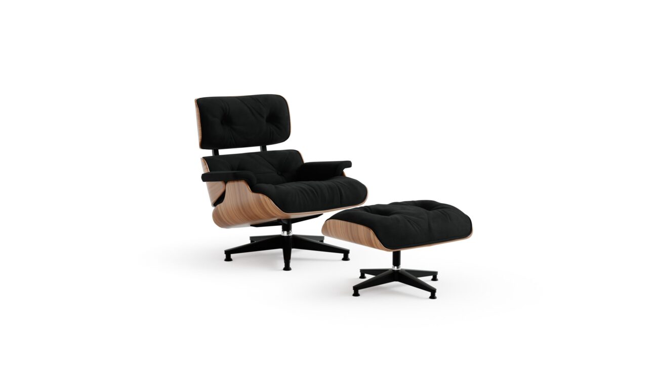 Eames Lounge Chair 670, Eames Ottoman 671, Herman Miller Base, Molded Plywood Reproduction by Archetype Forms - Charles & Ray Eames - Front-Angle 2 View, Black Suede, Natural Oak