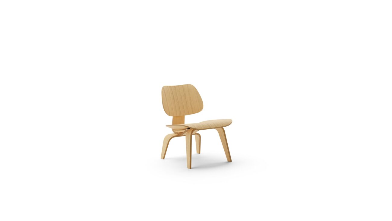 Reproduction of the Eames Molded Plywood Lounge Chair with wood base (LCW) by Charles & Ray Eames, front angle, available online here in Vancouver, Canada.