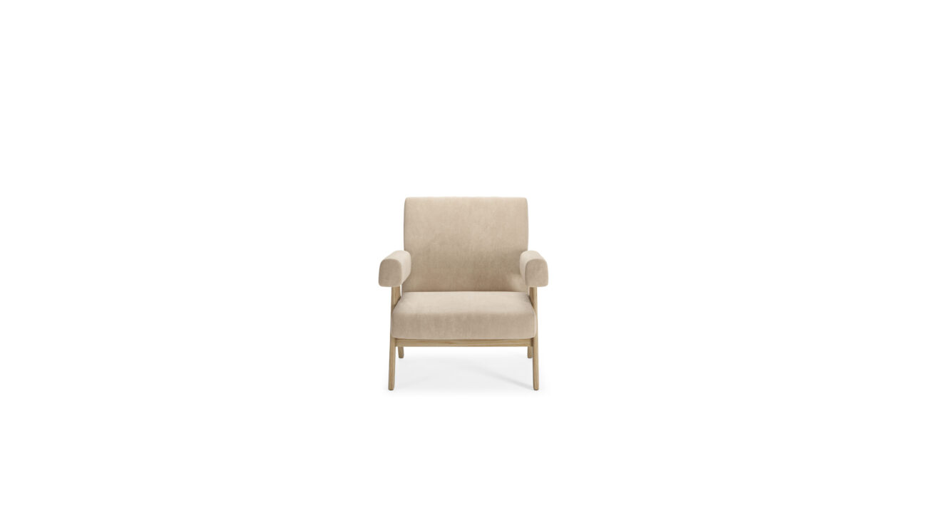 Front view of the Capitol Complex Armchair Lounge Chair 053 by Pierre Jeanneret, available online in Canada. Made by Archetype Forms.