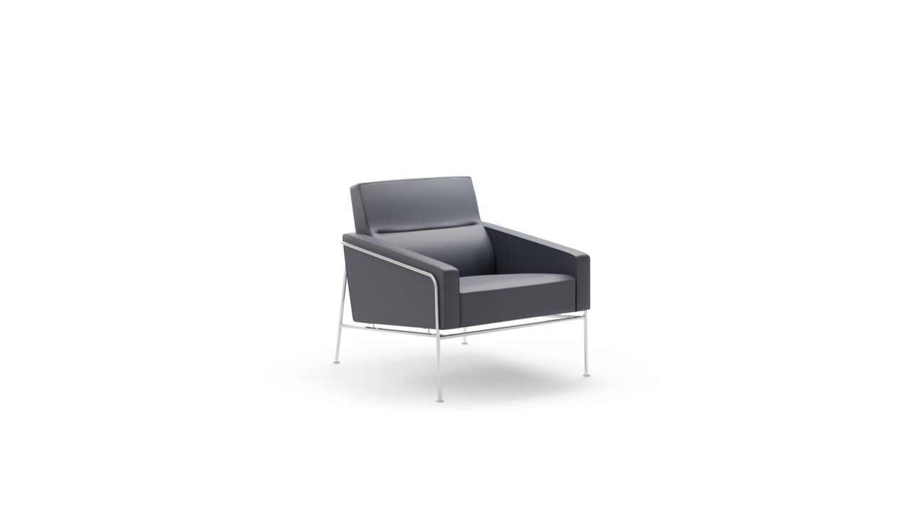 Front-Angle view of the Series 3300 Copenhagen SAS Royal Hotel Armchair by Arne Jacobsen, designed by Arne Jacobsen, available online in Canada. Made by Archetype Forms.