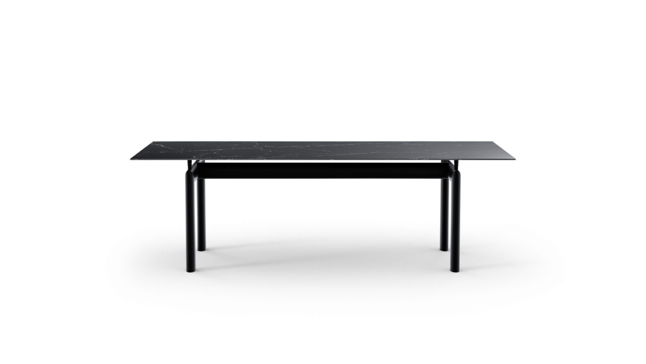 Front view of the LC6 Table Tube d'Avion Table Dining Table Stone Top by Le Corbusier, designed by Le Corbusier in 1928, available online in Canada. Made by Archetype Forms.