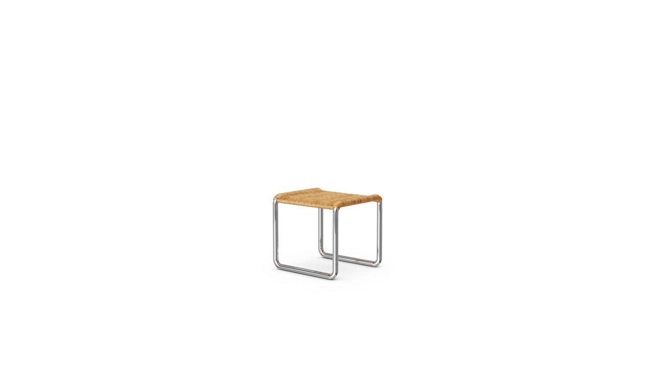 Front-Angle view of the MR Stool Cane Rattan MR10/4 by Mies van der Rohe, designed by Mies van der Rohe, available online in Canada. Made by Archetype Forms.