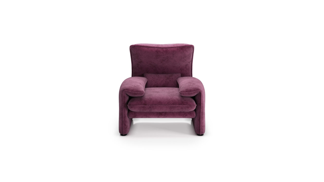 Front view of the Maralunga Poltrona Armchair 675 5 A1 in Purple Velvet by Vico Magistretti, designed by Vico Magistretti, available online in Canada. Made by Archetype Forms.