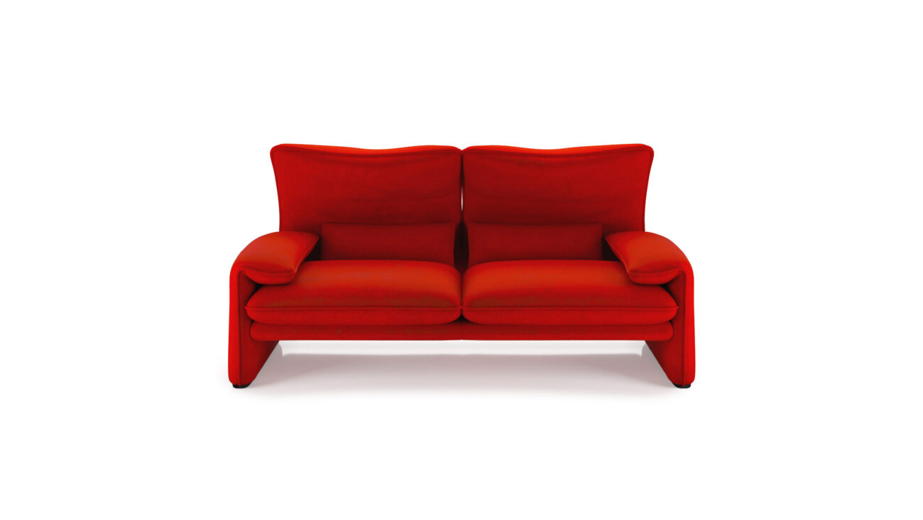 Front view of the Maralunga 2-Seat Sofa Loveseat Large 675 06 A6 in Red Suede by Vico Magistretti, designed by Vico Magistretti, available online in Canada. Made by Archetype Forms.