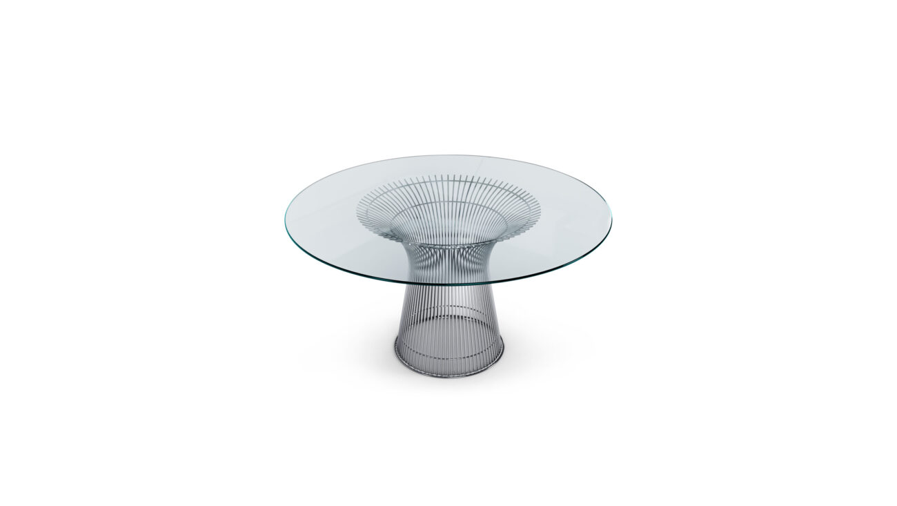 Front angle view of the Platner Series 3716 Dining Table 54 Round Clear Glass on Mirror Chrome Base by Warren Platner, designed by Warren Platner, available online in Canada. Made by Archetype Forms.