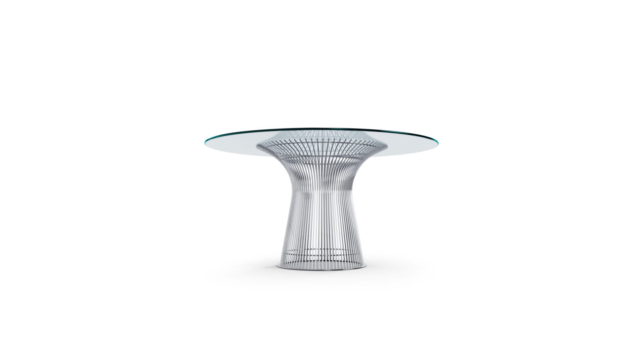 Side view of the Platner Series 3716 Dining Table 54 Round Clear Glass on Mirror Chrome Base by Warren Platner, designed by Warren Platner, available online in Canada. Made by Archetype Forms.