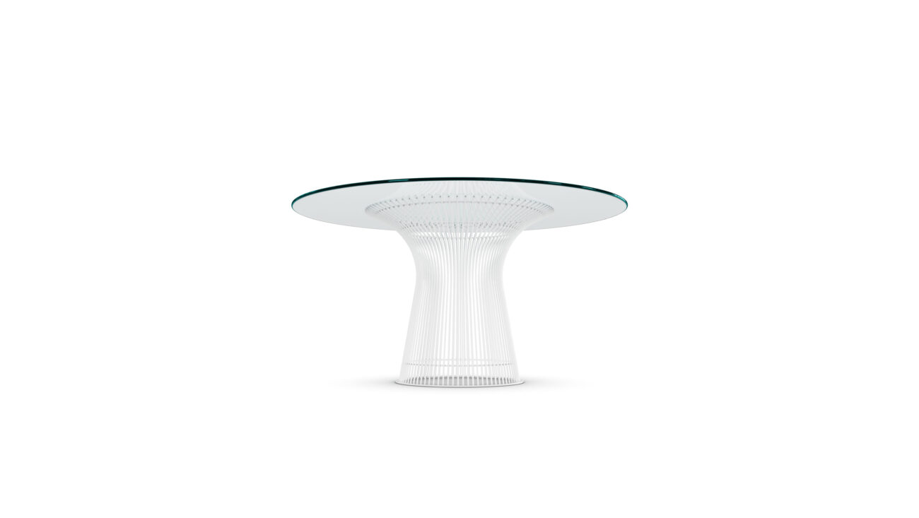 Back angle view of the Platner Series 3716 Dining Table 54 Round Clear Glass on White Base by Warren Platner, designed by Warren Platner, available online in Canada. Made by Archetype Forms.