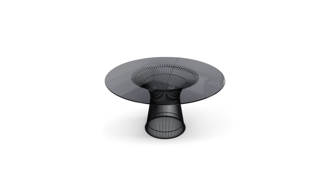 3716 Platner Series Dining Table 54 inch Round Smoke Grey Tinted Glass on Black Steel Base by Warren Platner, Designed by Warren Platner, Made by Archetype Forms, Vancouver BC, Canada, Front Angle 2 View