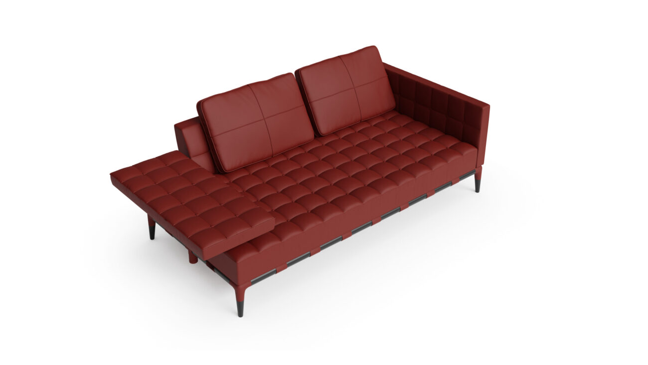 Front angle view of the 241 Privé Sofa 241 31-33 DX LH by Philippe Starck, available online in Canada. Designed by Philippe Starck, Made by Archetype Forms.