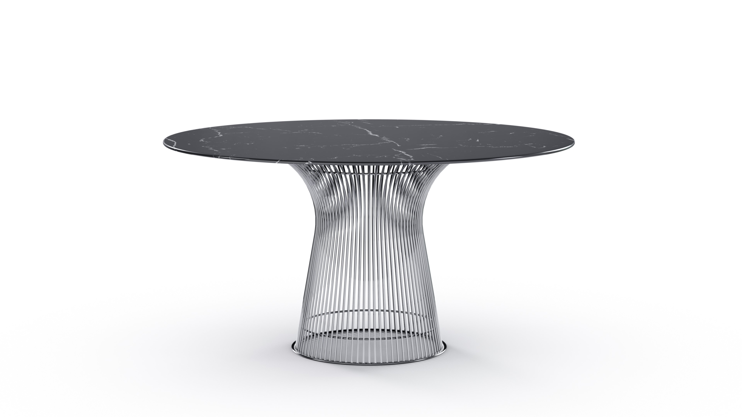 3716 Platner Dining Table 54 Round Nero Marquina Stone Black Marble on Mirror Chrome Steel Base by Warren Platner, Designed by Warren Platner, Made by Archetype Forms, Vancouver BC, Canada, Close-up 2 View