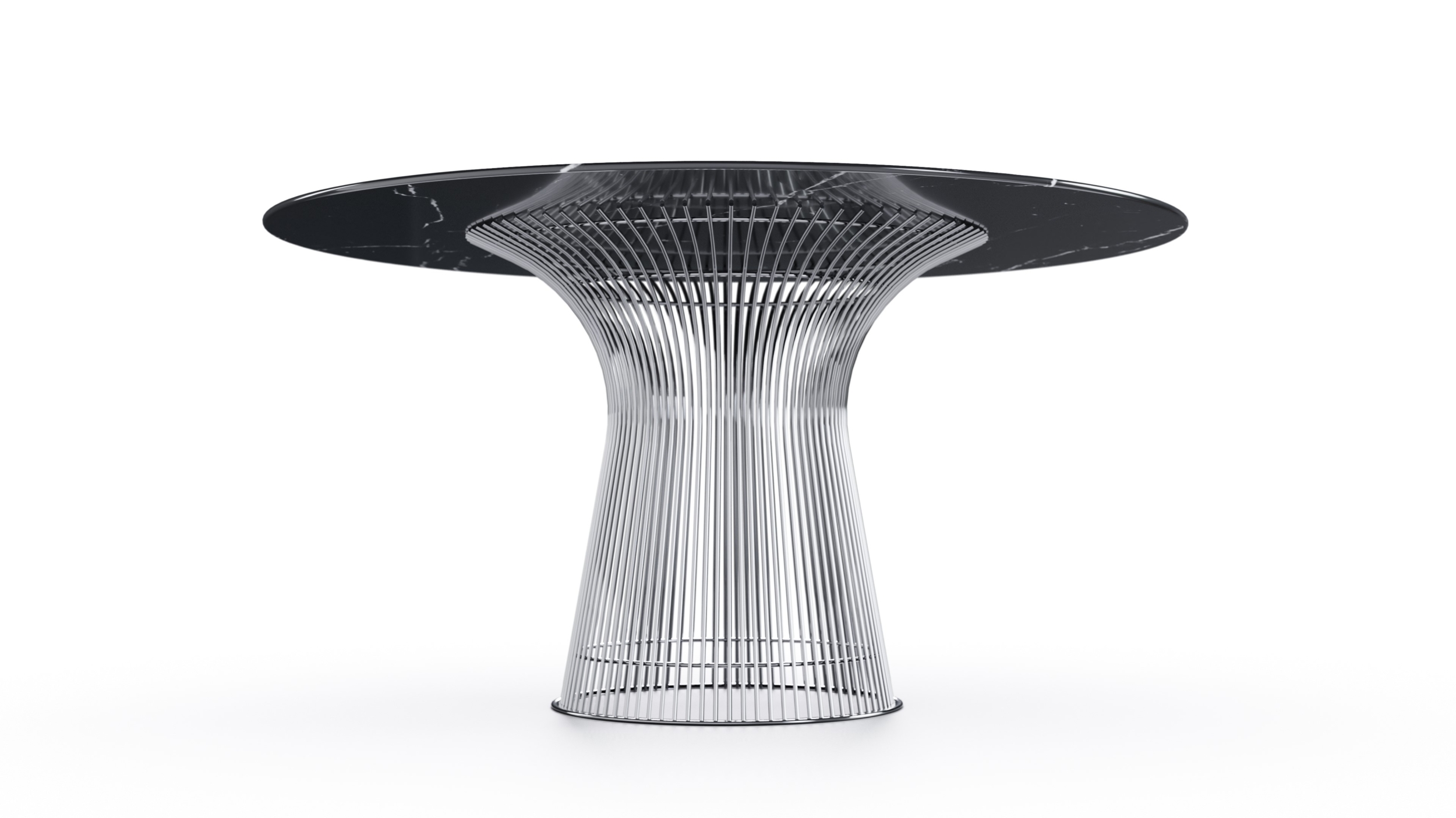 Closeup view 3 of the Platner Dining Table 54" Round Nero Marquina Stone Black Marble on Mirror Chrome Base by Warren Platner, available online here in Vancouver, BC, Canada.