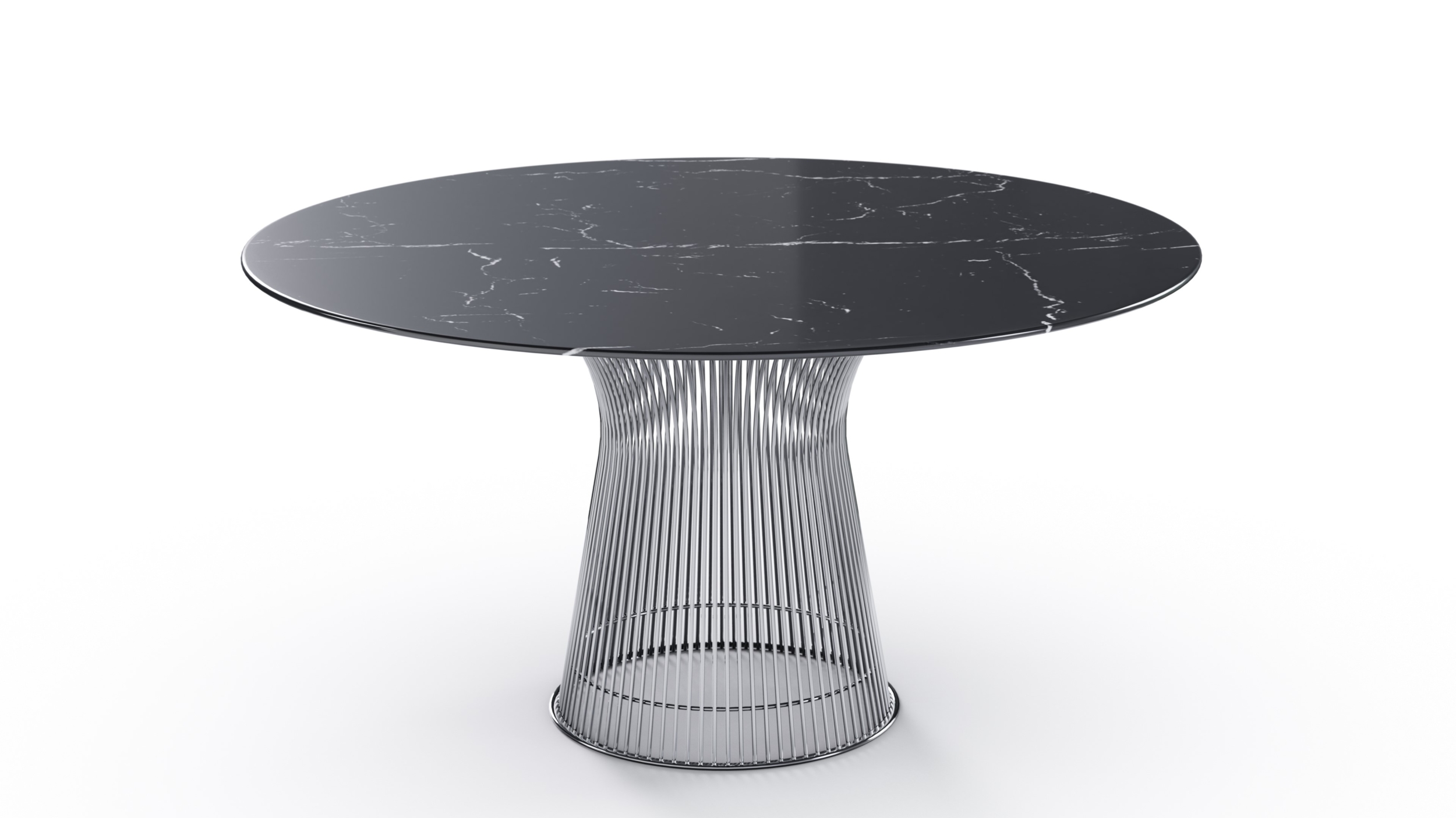 Closeup view of the Platner Dining Table 54" Round Nero Marquina Stone Black Marble on Mirror Chrome Base by Warren Platner, available online in Canada.