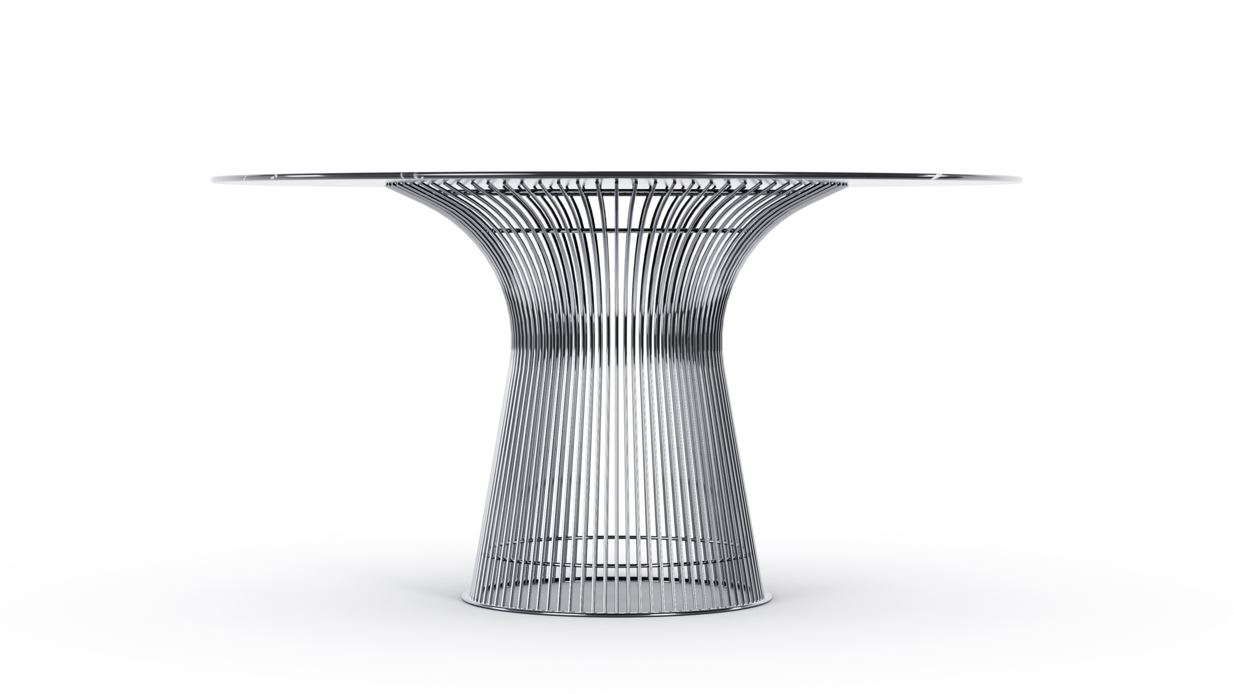 Hero image of the Platner Dining Table 54" Round Nero Marquina Stone Black Marble on Mirror Chrome Base by Warren Platner, available online in Canada.