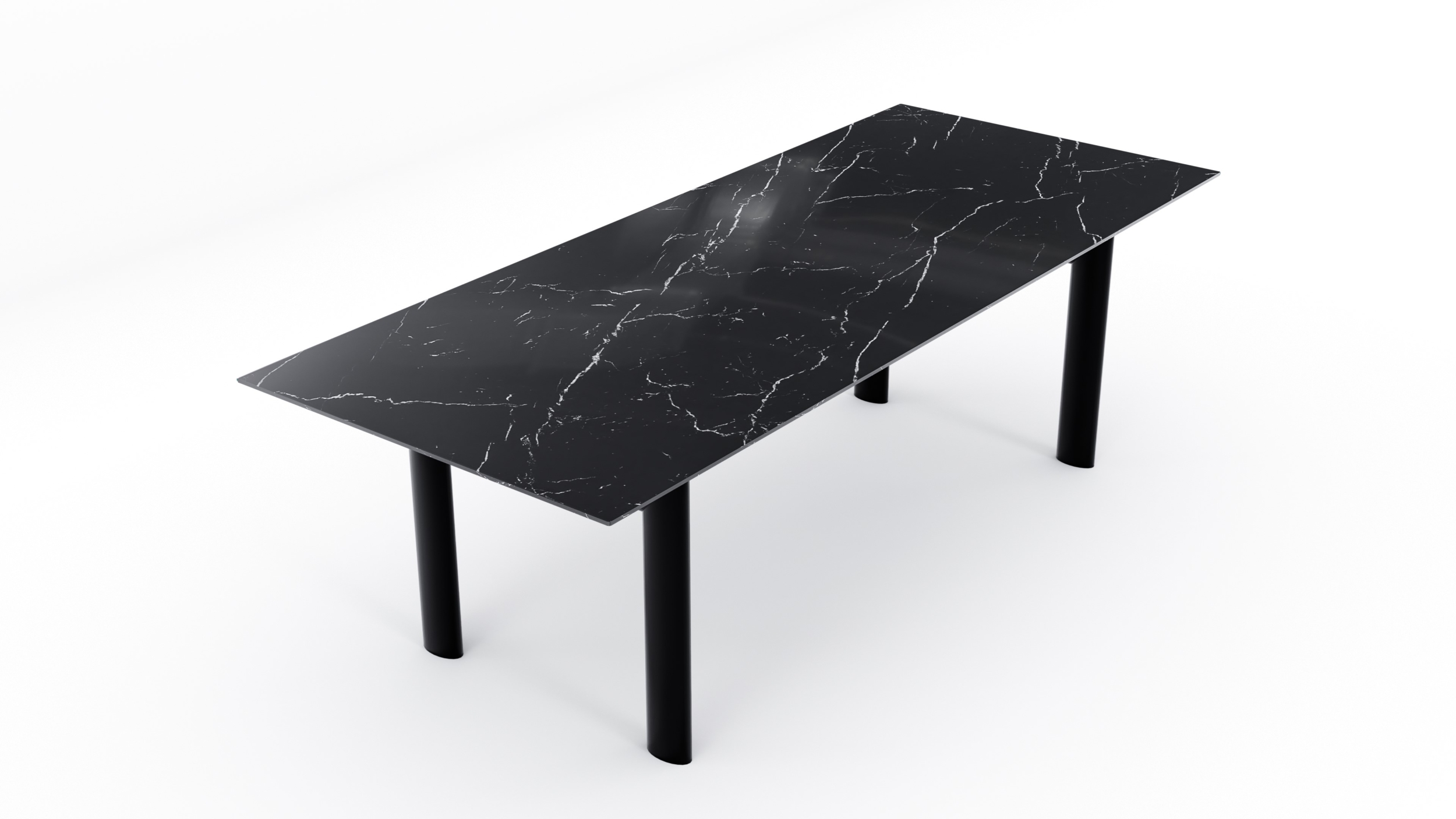 Closeup view of the LC6 Table Tube d'Avion Table Dining Table Stone Top by Le Corbusier, designed by Le Corbusier in 1928, available online in Canada. Made by Archetype Forms.