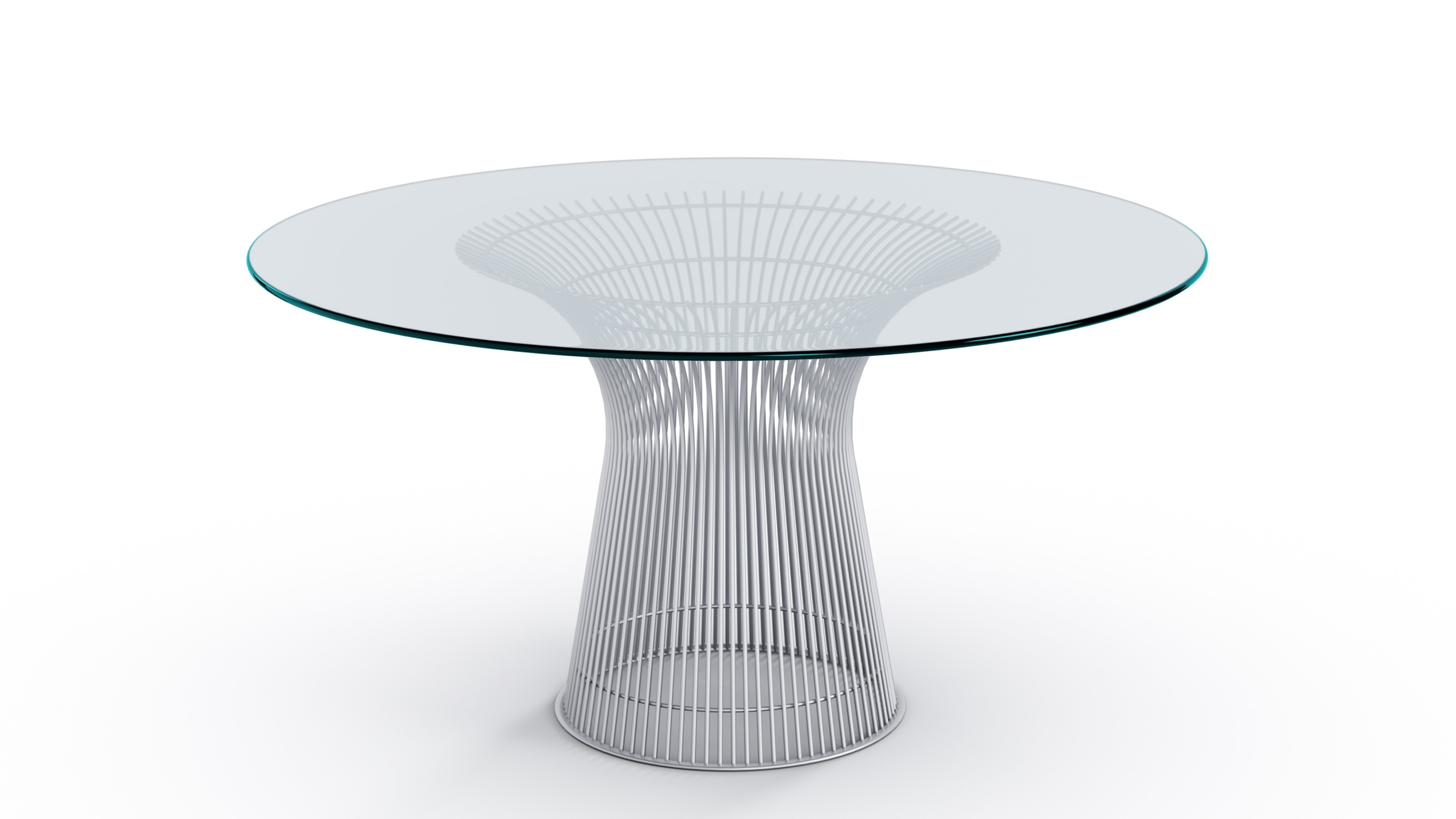 Closeup view 2 of the Platner Series 3716 Dining Table 54 Round Clear Glass on Matte Chrome Base by Warren Platner, designed by Warren Platner, available online in Canada. Made by Archetype Forms.