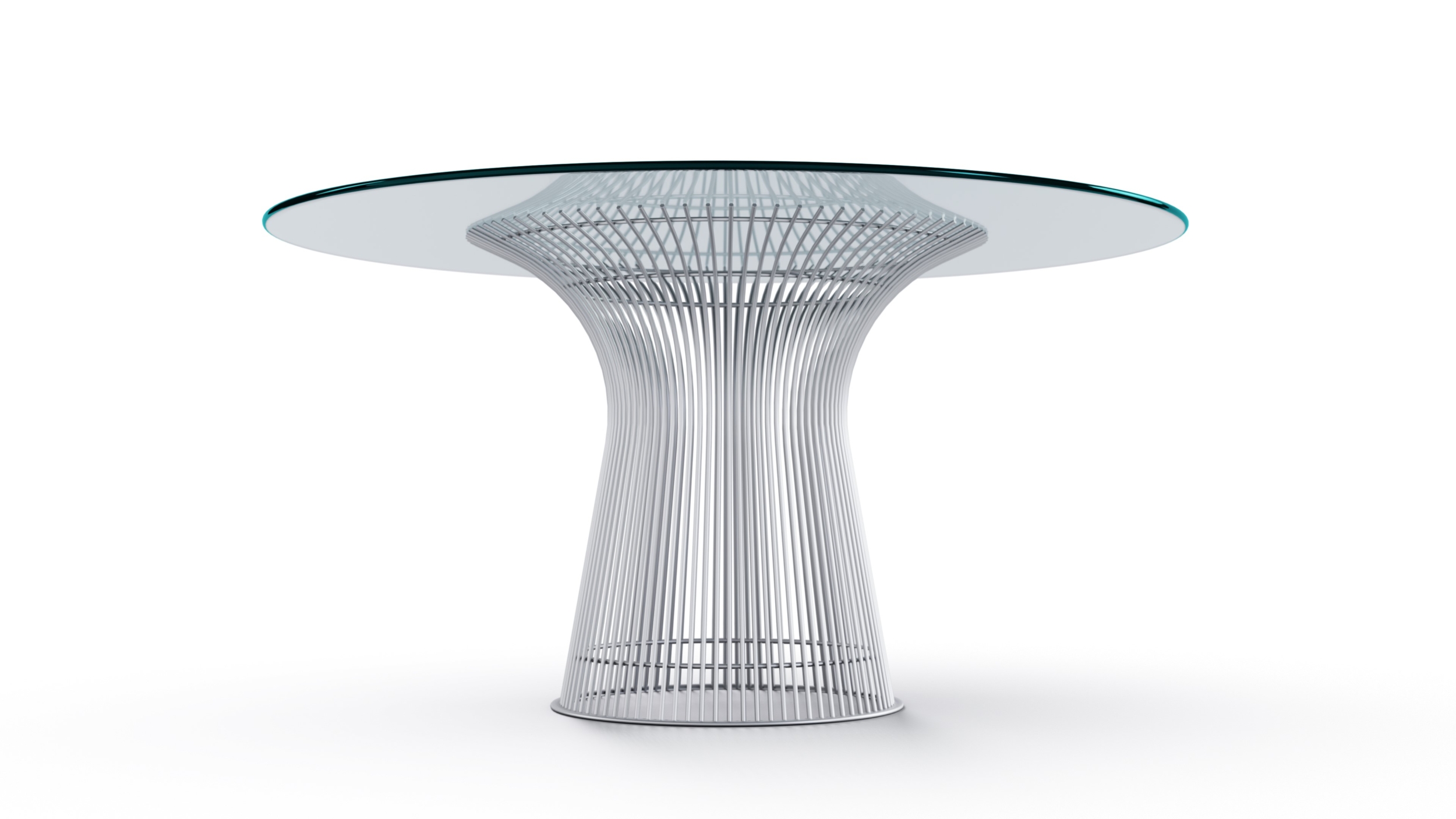 Closeup view of the Platner Series 3716 Dining Table 54 Round Clear Glass on Matte Chrome Base by Warren Platner, designed by Warren Platner, available online in Canada. Made by Archetype Forms.