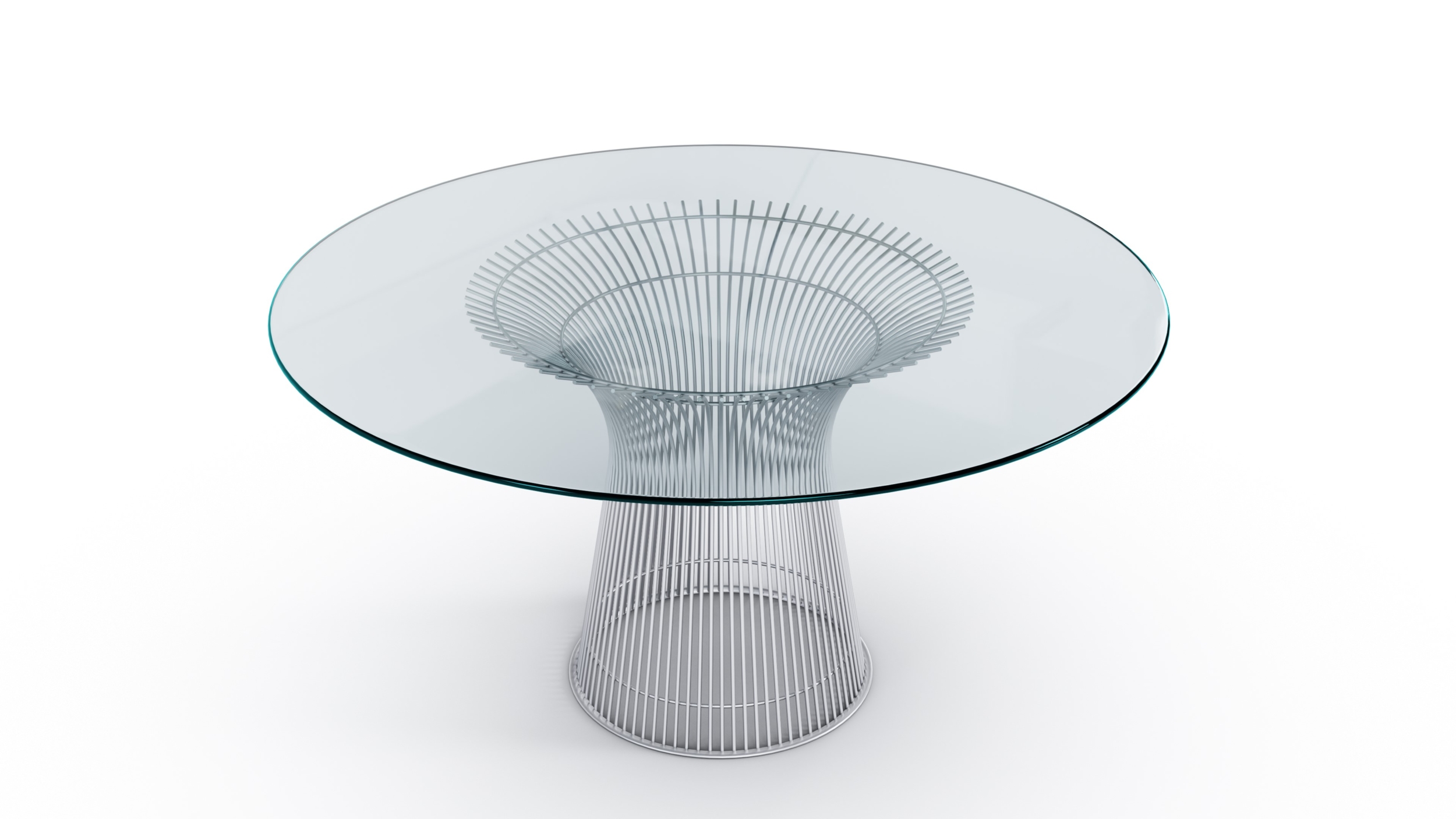 Hero image of the Platner Series 3716 Dining Table 54 Round Clear Glass on Matte Chrome Base by Warren Platner, designed by Warren Platner, available online in Canada. Made by Archetype Forms.