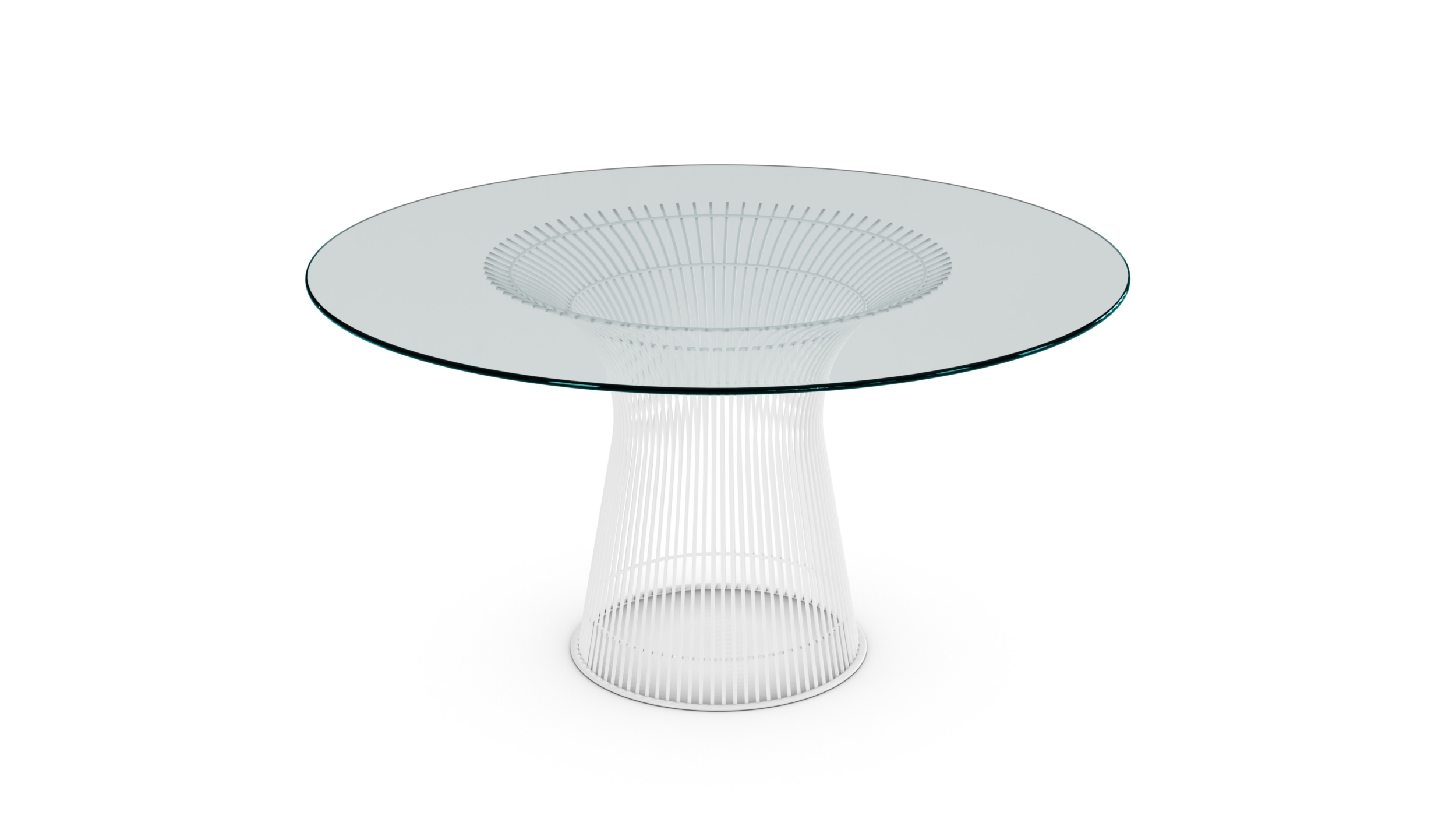 Closeup view of the Platner Series 3716 Dining Table 54 Round Clear Glass on White Base by Warren Platner, designed by Warren Platner, available online in Canada. Made by Archetype Forms.