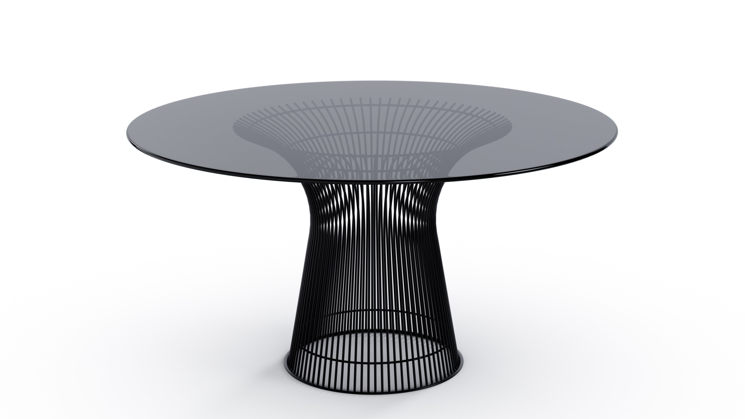 Closeup view 2 of the Platner Series 3716 Dining Table 54 Round Smoke Grey Tinted Glass on Black Base by Warren Platner, designed by Warren Platner, available online in Canada. Made by Archetype Forms.