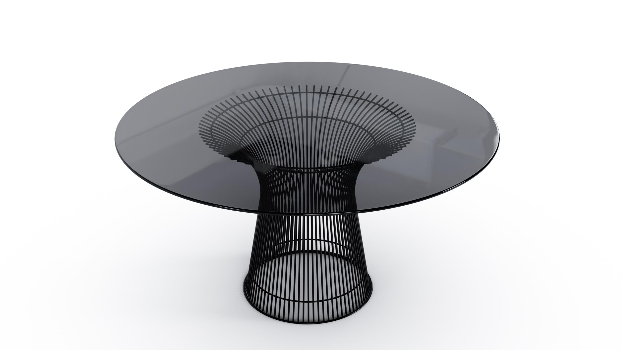 Closeup view 3 of the Platner Series 3716 Dining Table 54 Round Smoke Grey Tinted Glass on Black Base by Warren Platner, designed by Warren Platner, available online in Canada. Made by Archetype Forms.