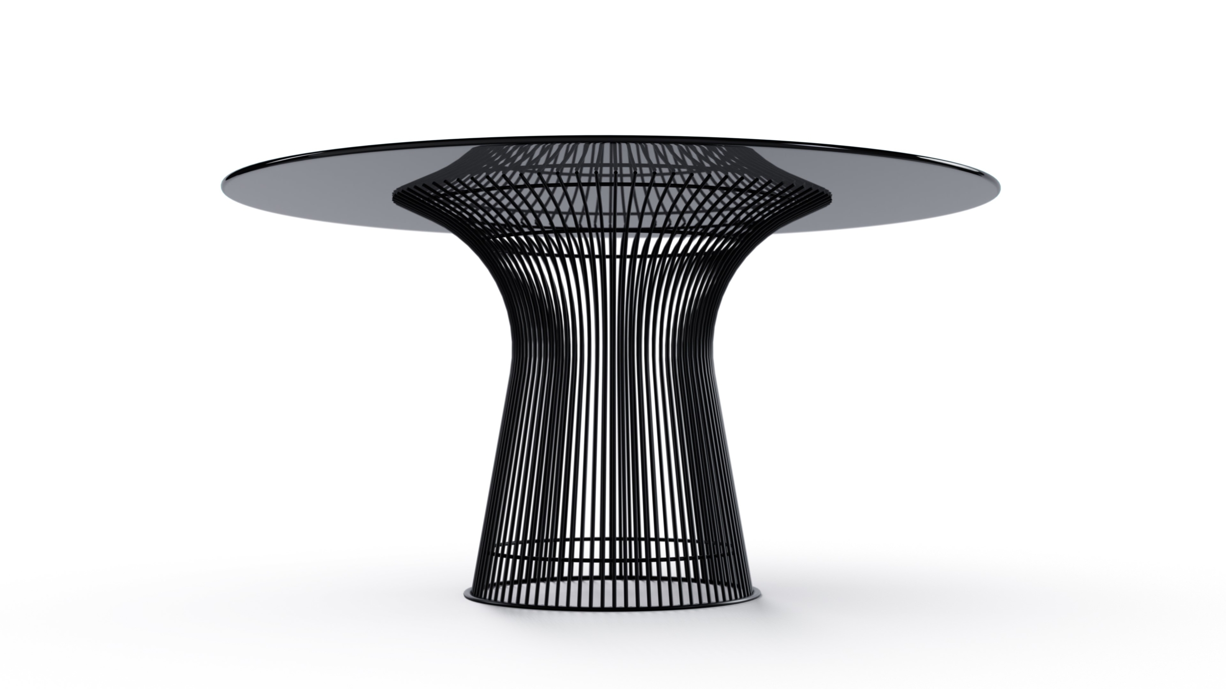 Closeup view 4 of the Platner Series 3716 Dining Table 54 Round Smoke Grey Tinted Glass on Black Base by Warren Platner, designed by Warren Platner, available online in Canada. Made by Archetype Forms.