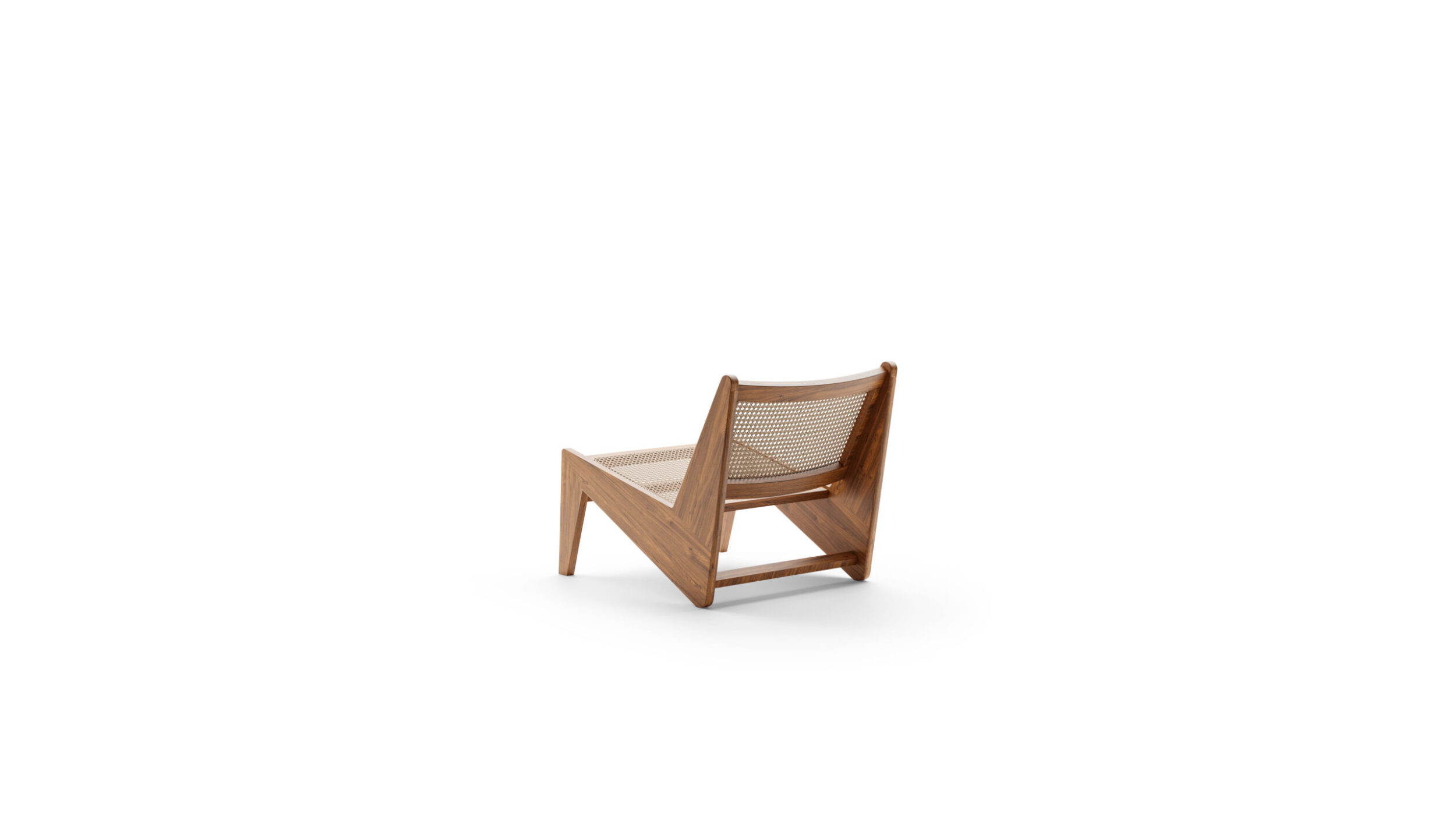 Back angle view of the Kangaroo Armchair 058 by Pierre Jeanneret, available online in Canada. Made by Archetype Forms.