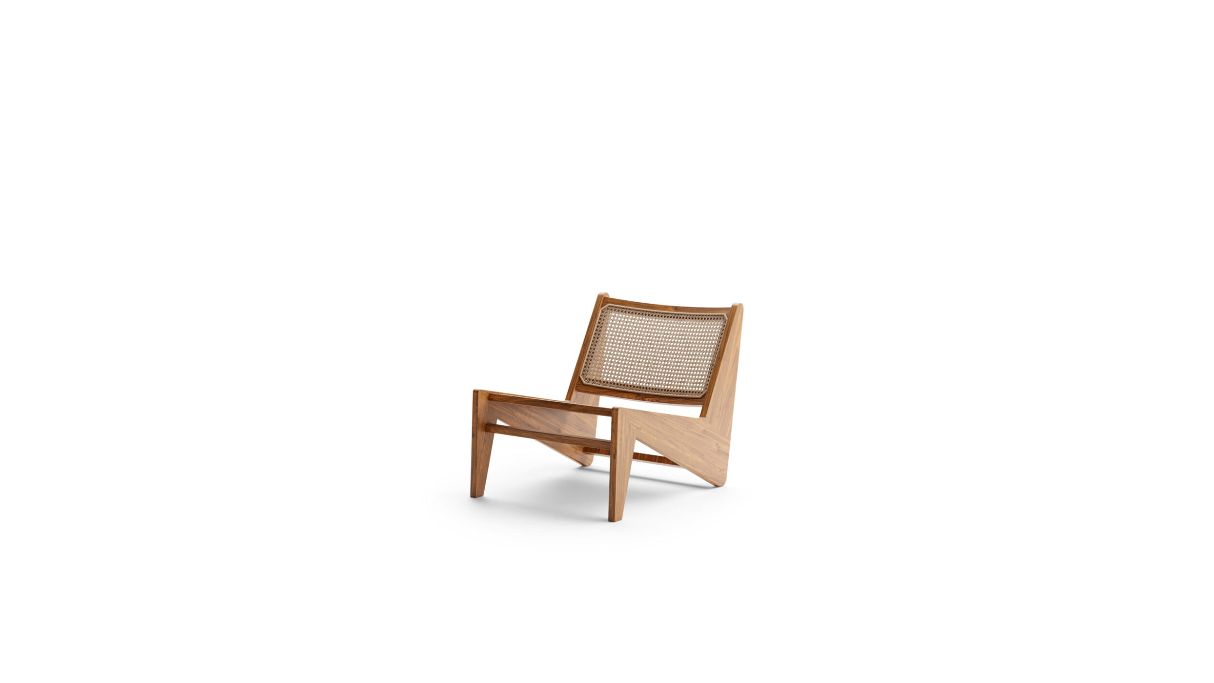 Front angle view of the Kangaroo Armchair 058 by Pierre Jeanneret, available online in Canada. Made by Archetype Forms.