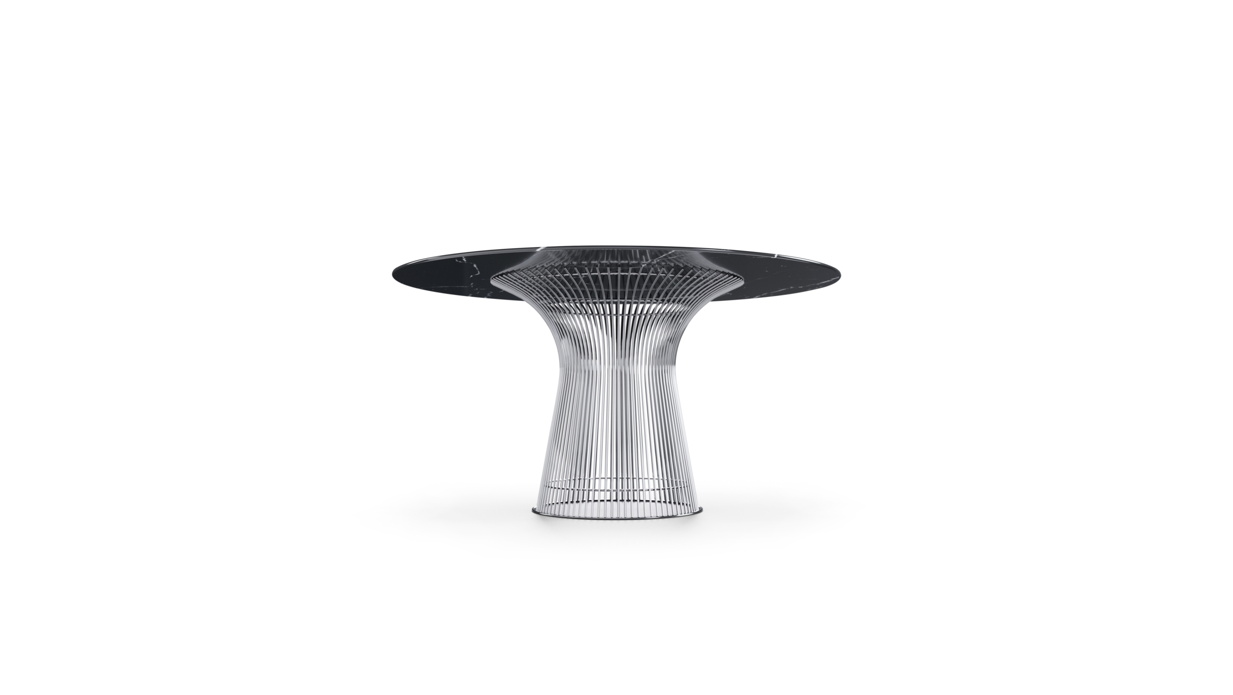 3716 Platner Series Dining Table 54 inch Round Nero Marquina Stone Black Marble on Mirror Chrome Steel Base by Warren Platner, Designed by Warren Platner, Made by Archetype Forms, Vancouver BC, Canada, Back-Angle View