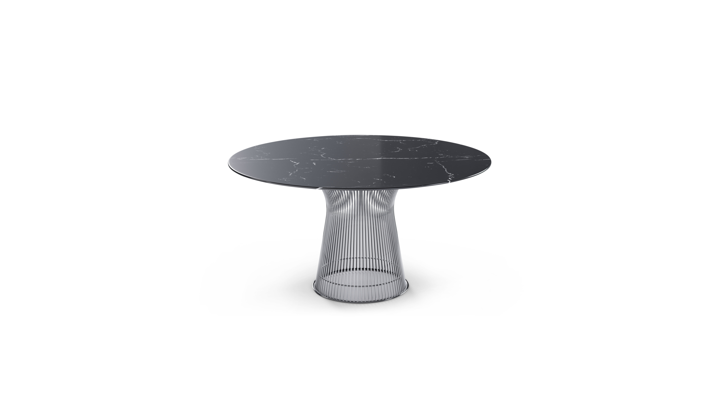 Front view of the Platner Series 3716 Dining Table 54 Round Nero Marquina Stone Black Marble on Mirror Chrome Base by Warren Platner, designed by Warren Platner, available online in Canada. Made by Archetype Forms.