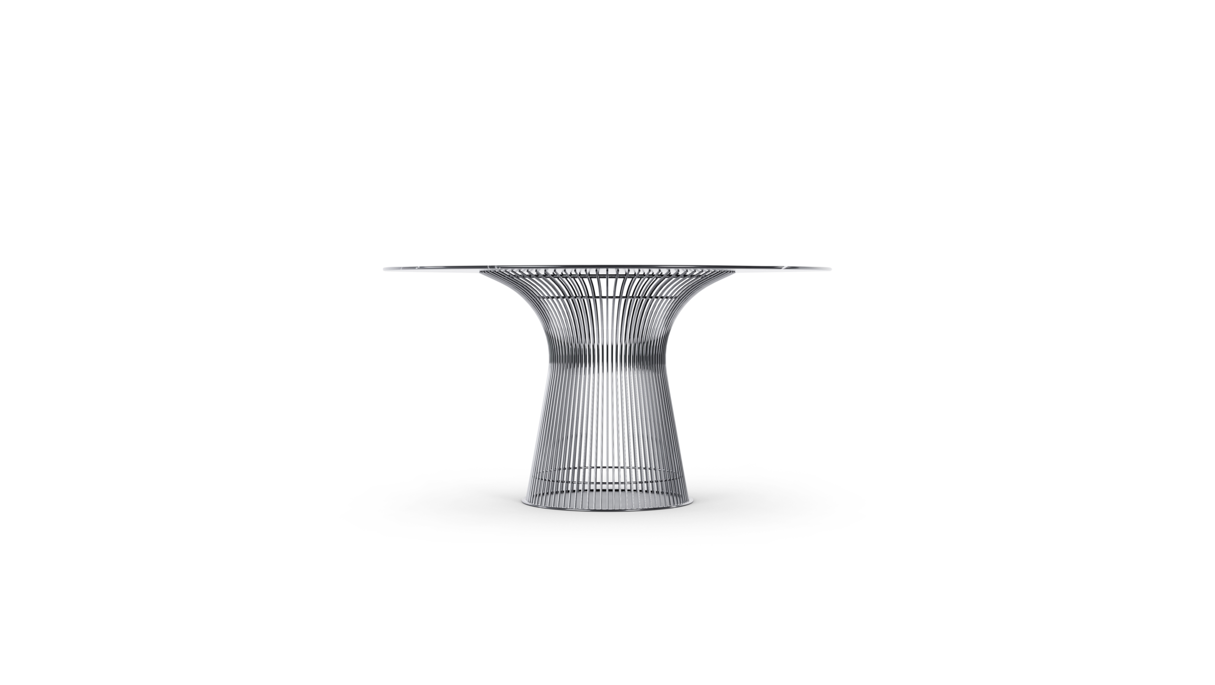 Side view of the Platner Dining Table 54" Round Nero Marquina Stone Black Marble on Mirror Chrome Base by Warren Platner, available online in Canada.