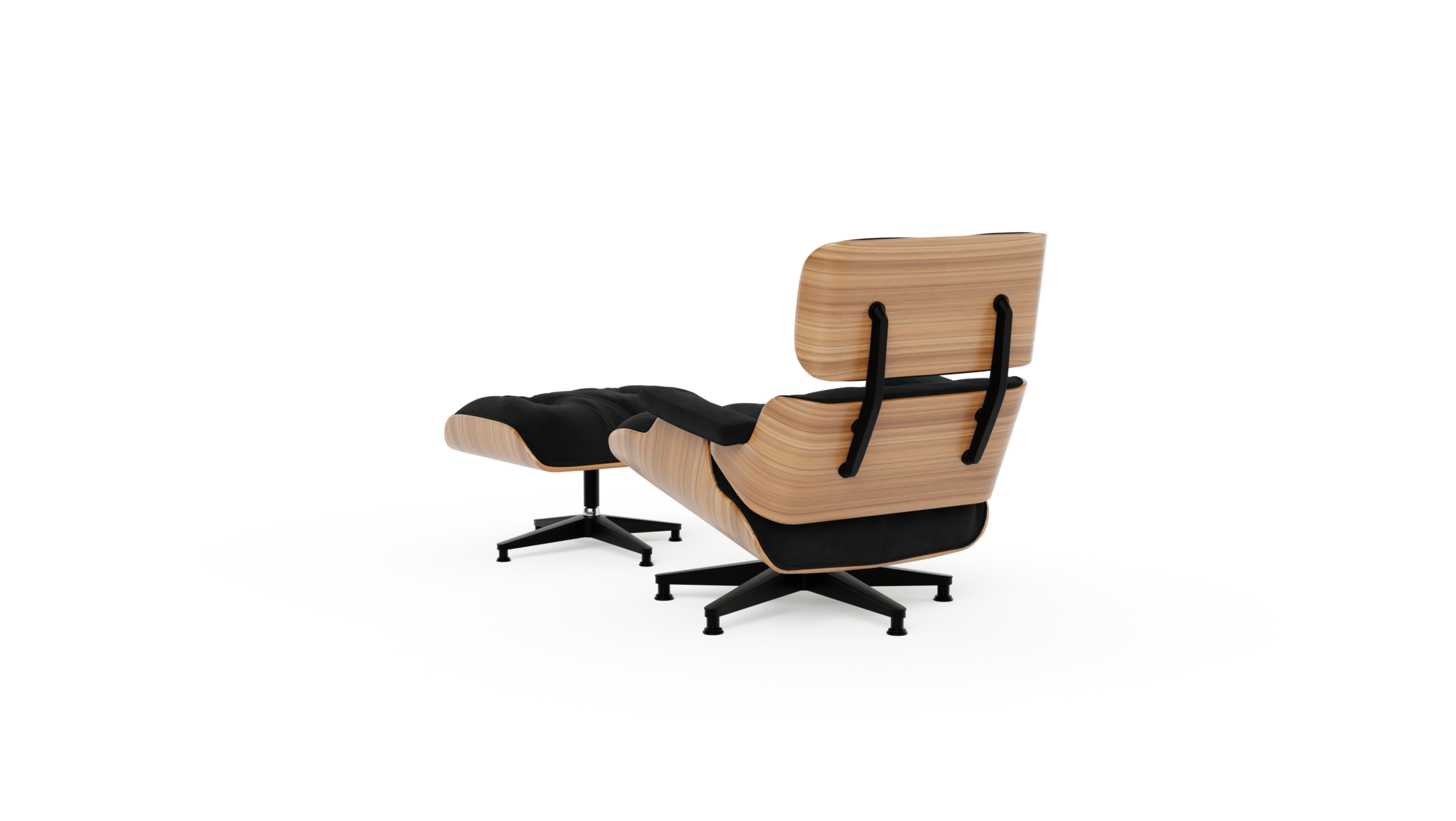 Eames Lounge Chair 670, Eames Ottoman 671, Herman Miller Base, Molded Plywood Reproduction by Archetype Forms - Charles & Ray Eames - Back-Angle View, Black Suede, Natural Oak