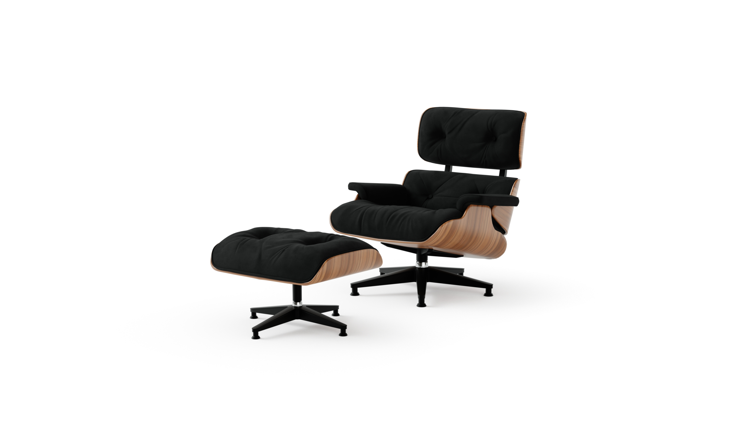 Eames Lounge Chair 670, Eames Ottoman 671, Herman Miller Base, Molded Plywood Reproduction by Archetype Forms - Charles & Ray Eames - Front-Angle View, Black Suede, Natural Oak