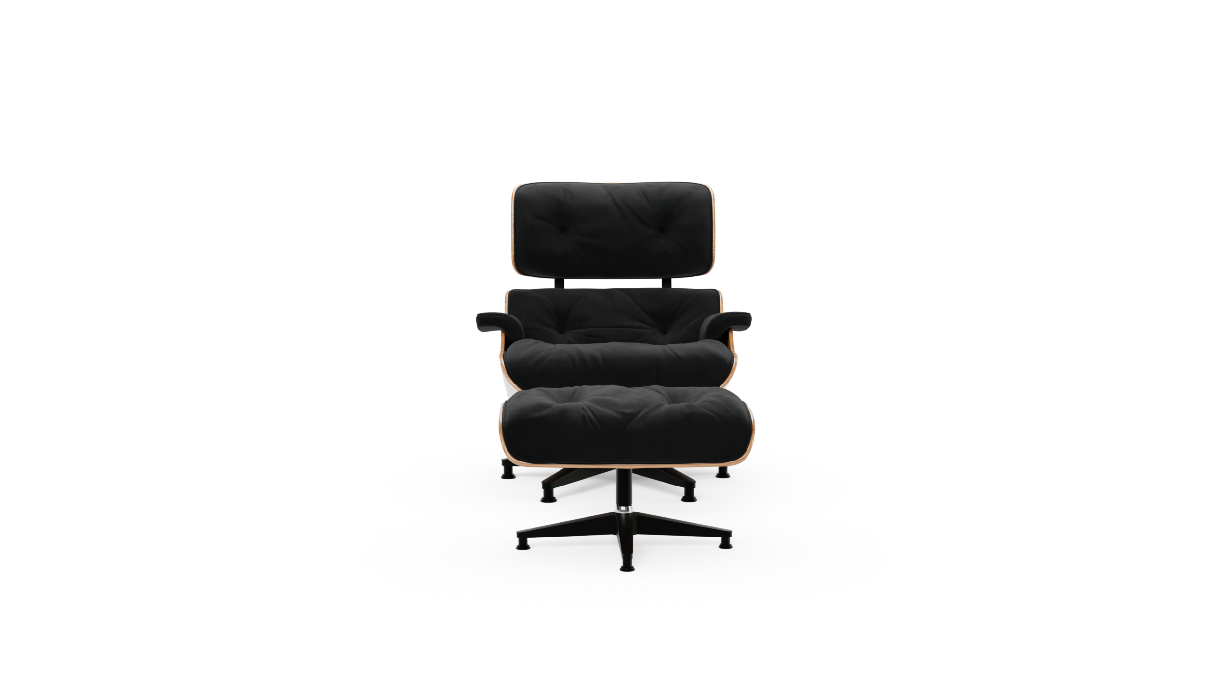 Eames Lounge Chair 670, Eames Ottoman 671, Herman Miller Base, Molded Plywood Reproduction by Archetype Forms - Charles & Ray Eames - Front View, Black Suede, Natural Oak