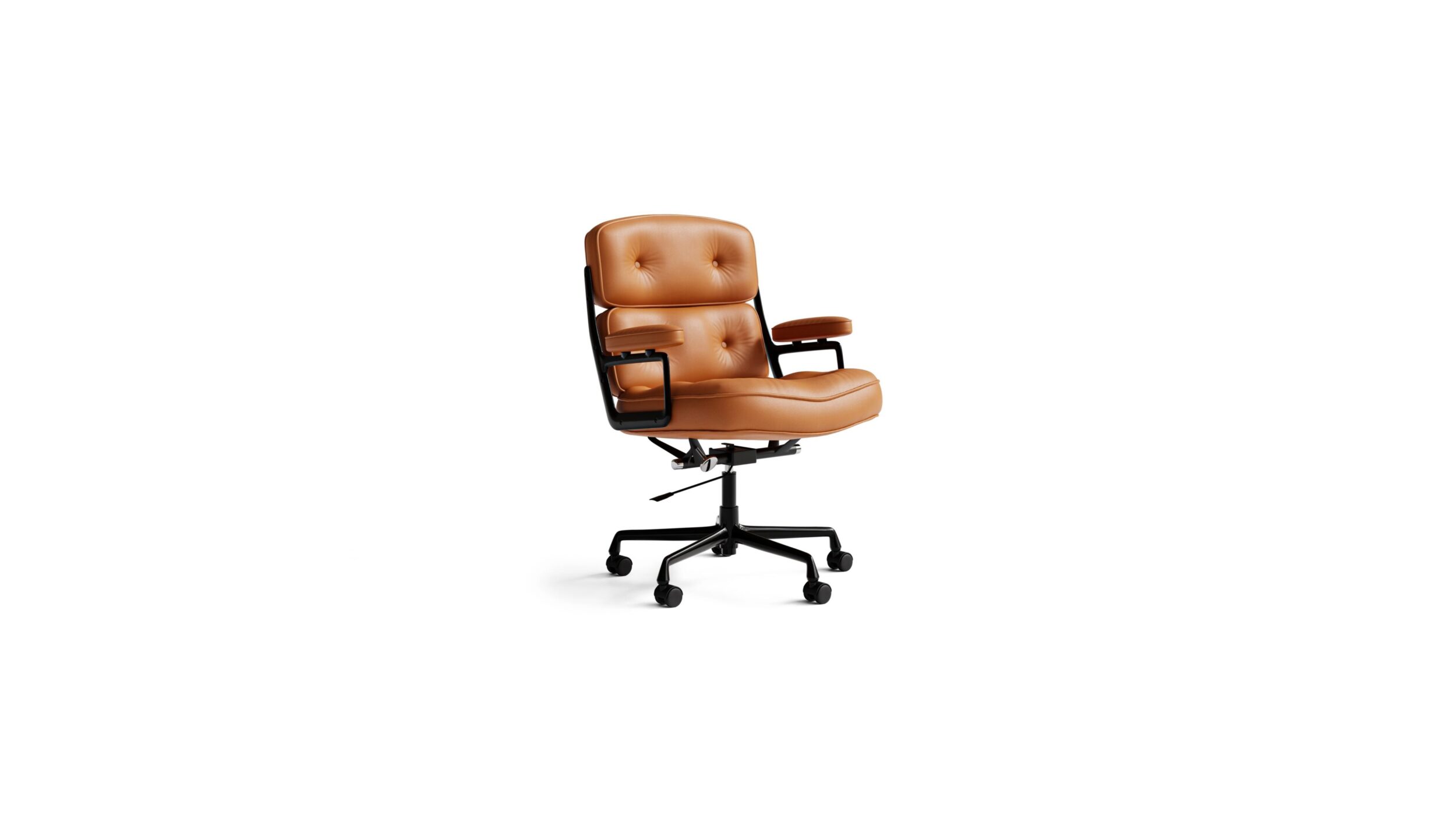 Eames Executive Chair On Castors, Pneumatic Lift, Orange Leather on Black Frame, Time-Life Chair 1960 Reproduction by Archetype Forms - Charles & Ray Eames - Front Angle-2 View