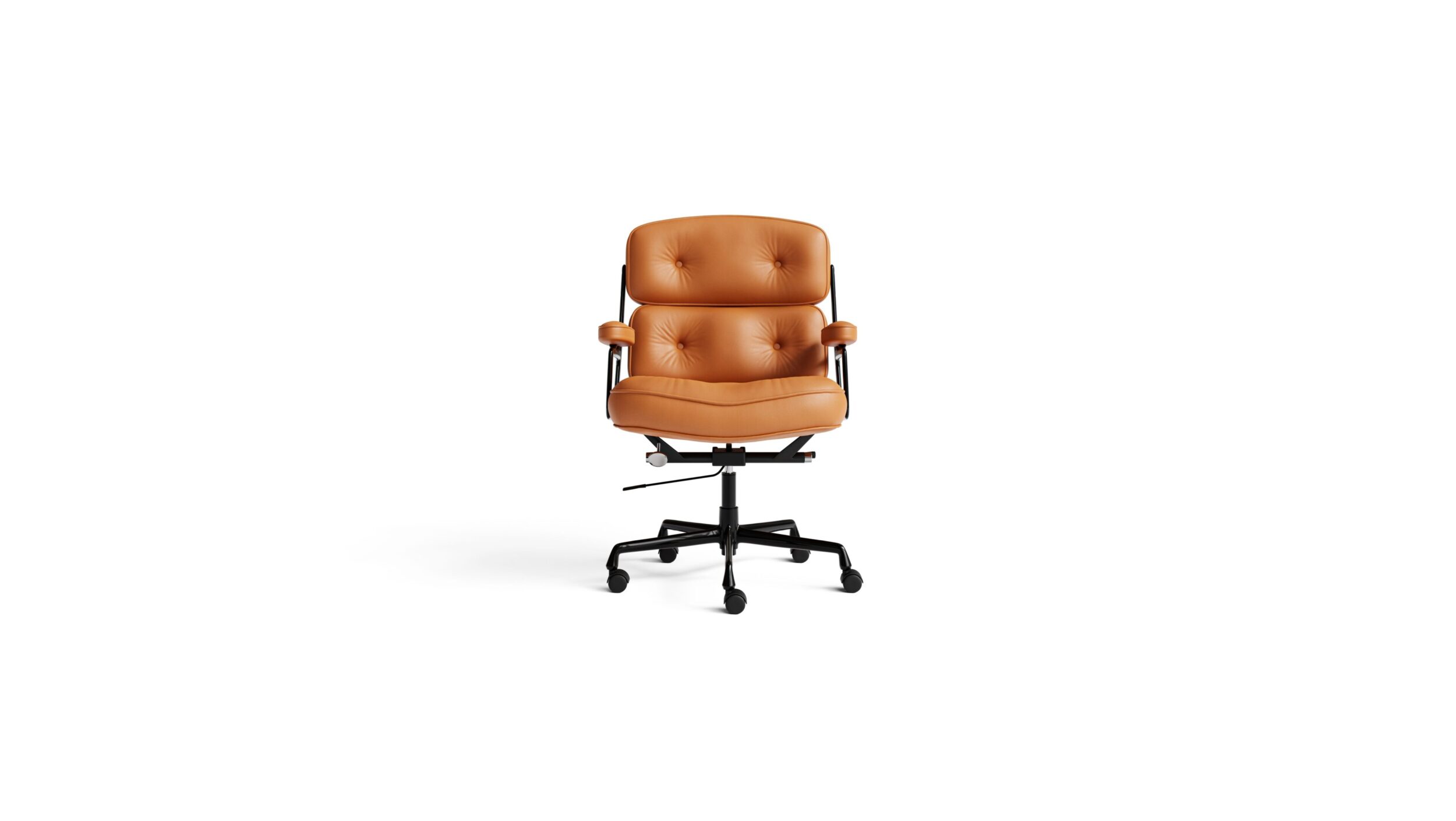 Eames Executive Chair On Castors, Pneumatic Lift, Orange Leather on Black Frame, Time-Life Chair 1960 Reproduction in Orange on Black by Archetype Forms - Charles & Ray Eames - Front View