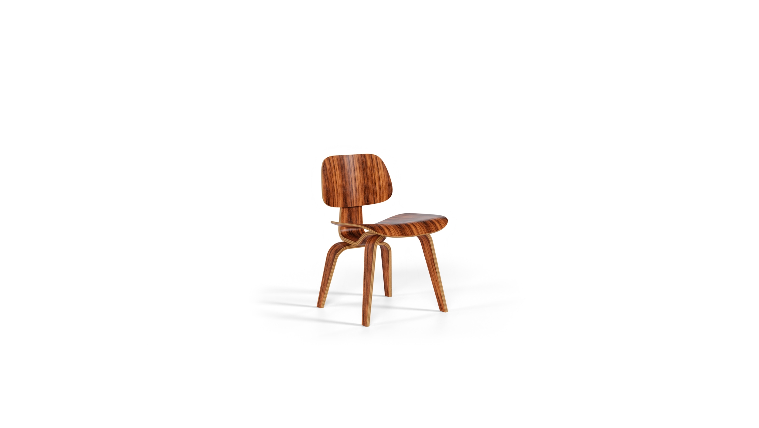 Front angle of 1946 moulded plywood dining chair with wood legs, DCW, by Charles & Ray Eames, available online here in Vancouver, BC, Canada.