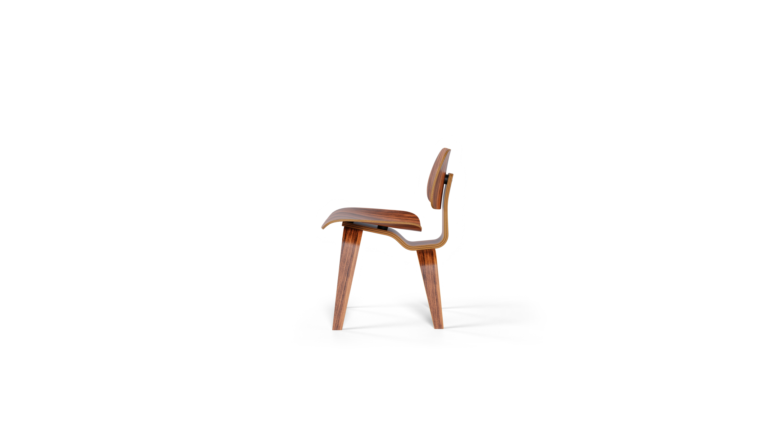 Side view of 1946 moulded plywood dining chair by Charles & Ray Eames, DCW model, available online here in Vancouver, BC, Canada.