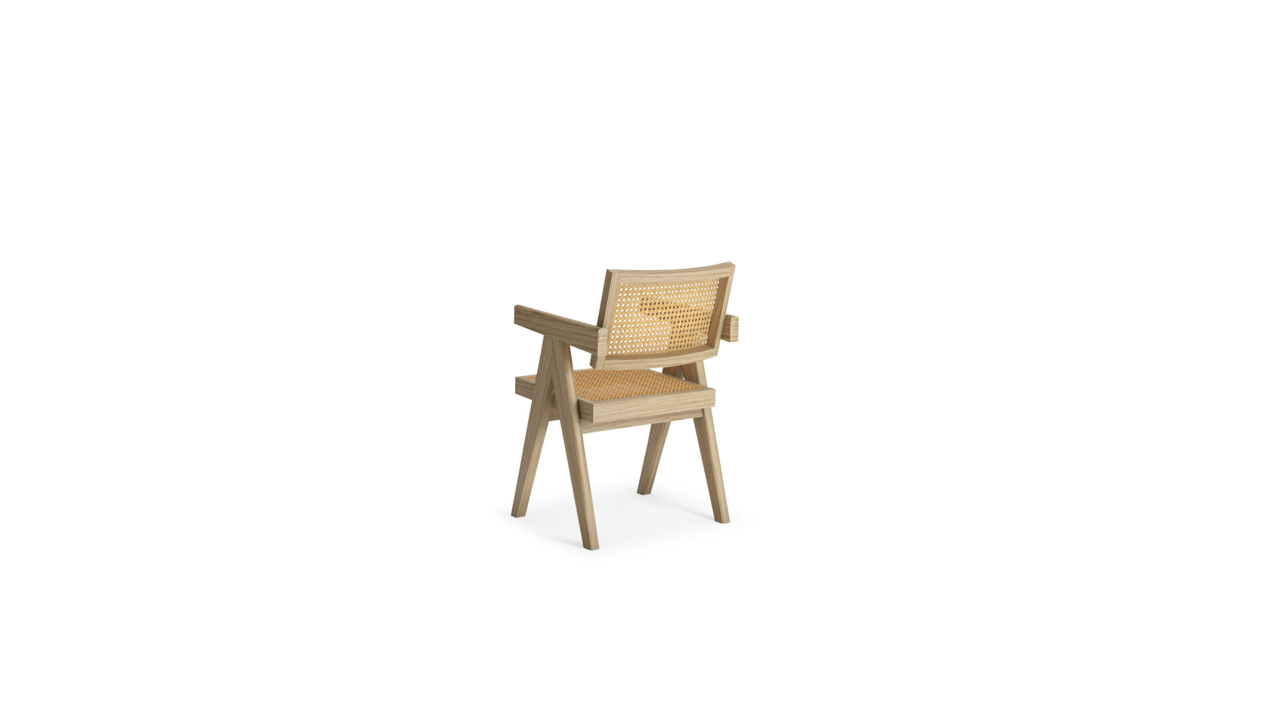 Back angle view of the Capitol Complex Chair Armchair 051 by Pierre Jeanneret, available online in Canada. Made by Archetype Forms.