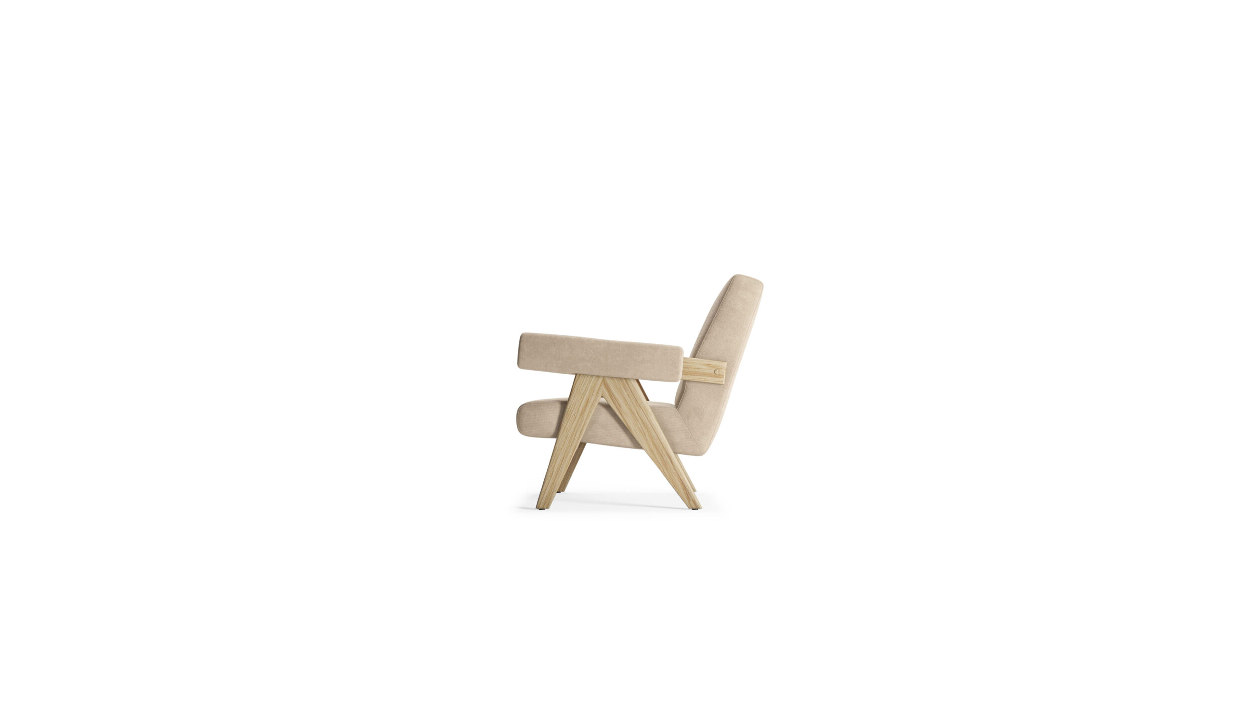 Side view of the Capitol Complex Armchair Lounge Chair 053 by Pierre Jeanneret, available online in Canada. Made by Archetype Forms.