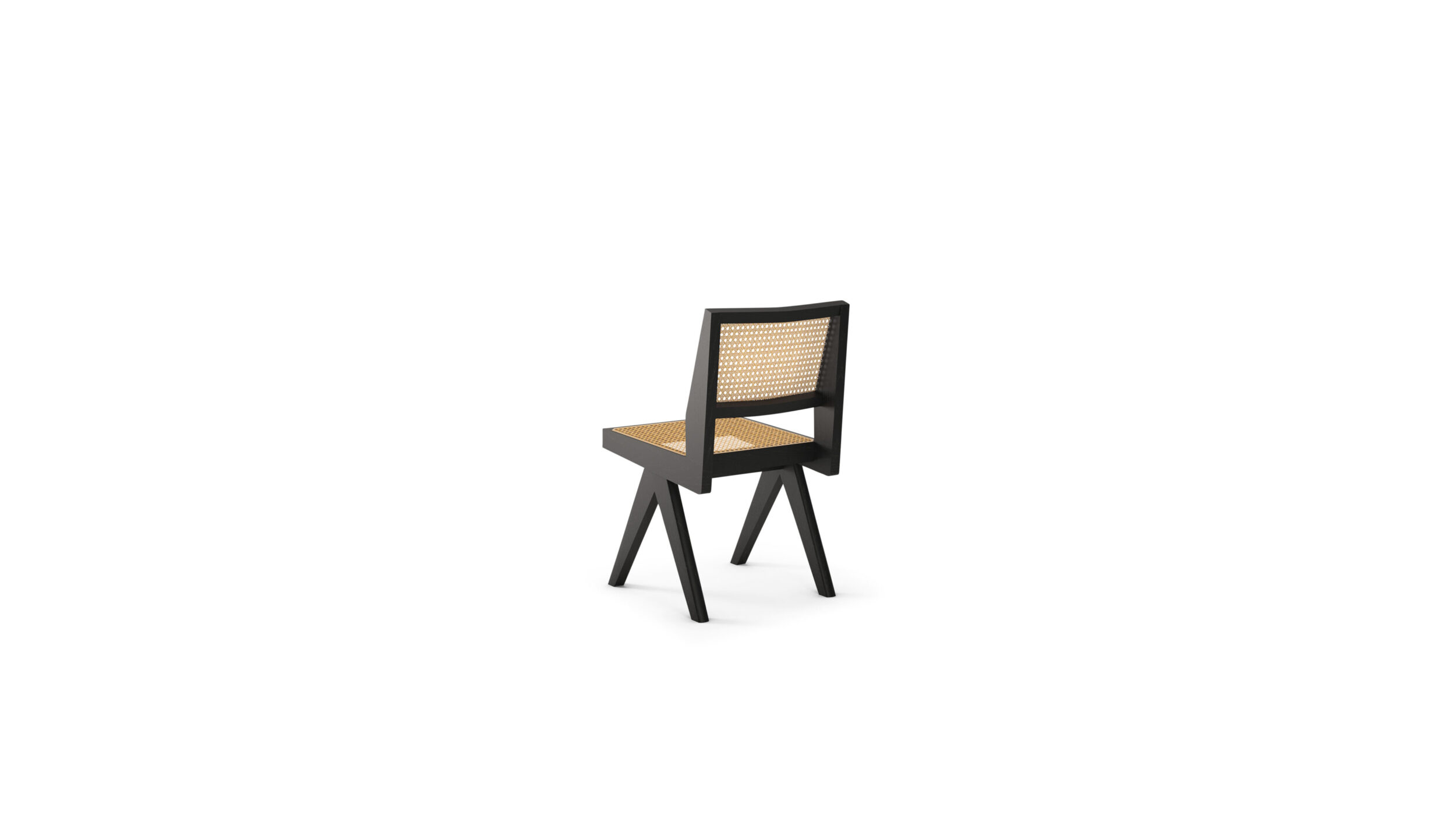 Back angle view of the Capitol Complex Chair Sidechair 055 by Pierre Jeanneret, available online in Canada. Made by Archetype Forms.