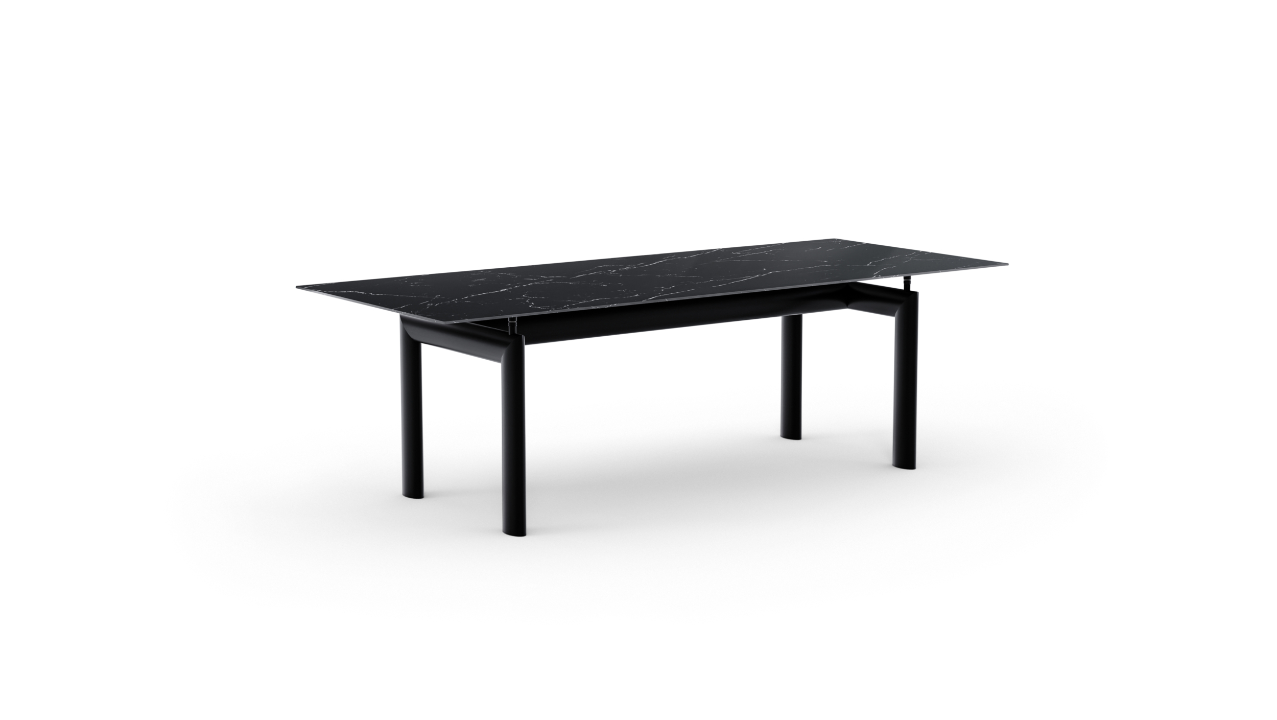 Back-Angle view of the LC6 Table Tube d'Avion Table Dining Table Stone Top by Le Corbusier, designed by Le Corbusier in 1928, available online in Canada. Made by Archetype Forms.